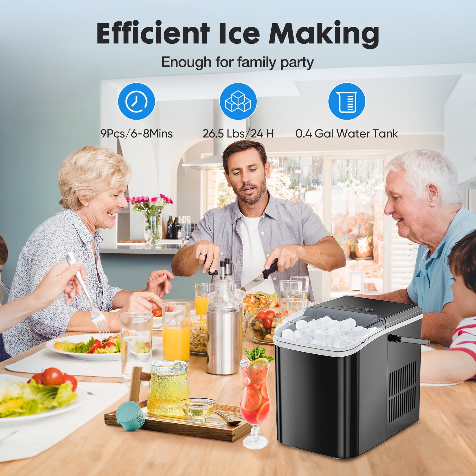 EDX Countertop Ice Maker, Portable Self-Cleaning Ice Machine with Handle and Scoop (Black, 26.5 lb Daily Capacity) w4hwj