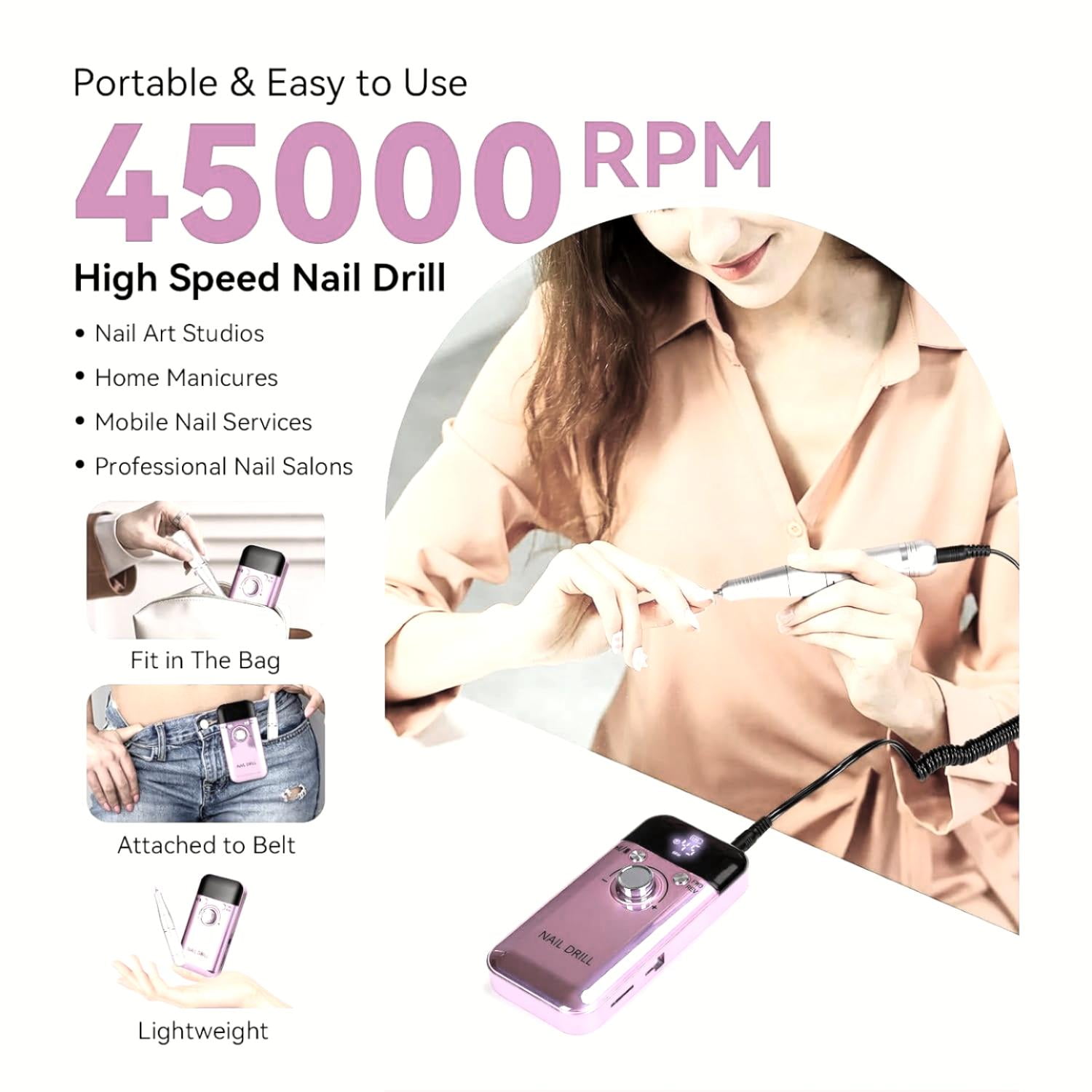IDFINE Electric Nail Drill Professional 45000RPM Rechargeable Portable File for Acrylic and Gel Nails (Pink, 1 Kit) 30vv1