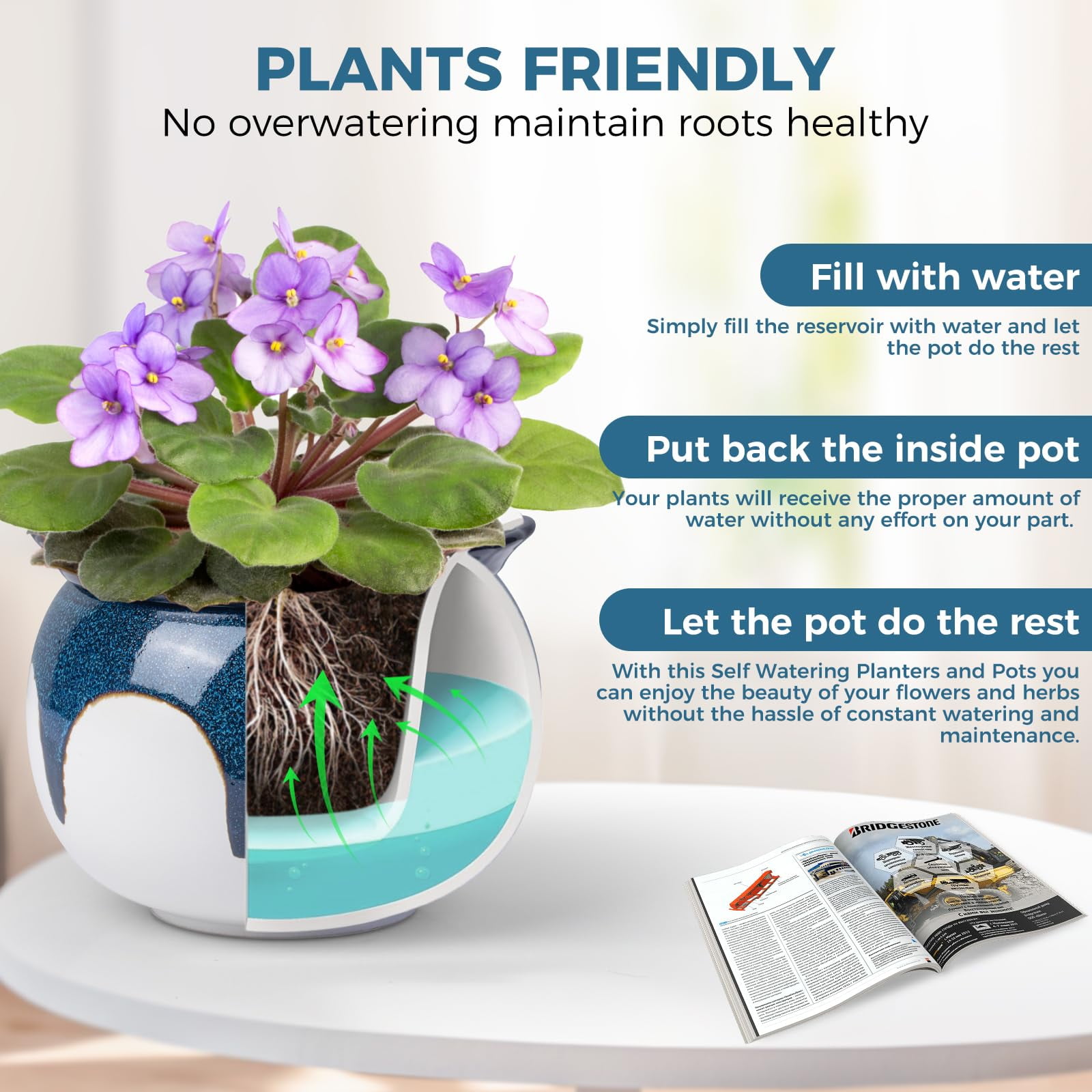 EFISPSS Self-Watering Ceramic African Violet Pot, Minimalist Indoor Planter for Succulents and Herbs (Blue Gradient, 6 in) wgnjo