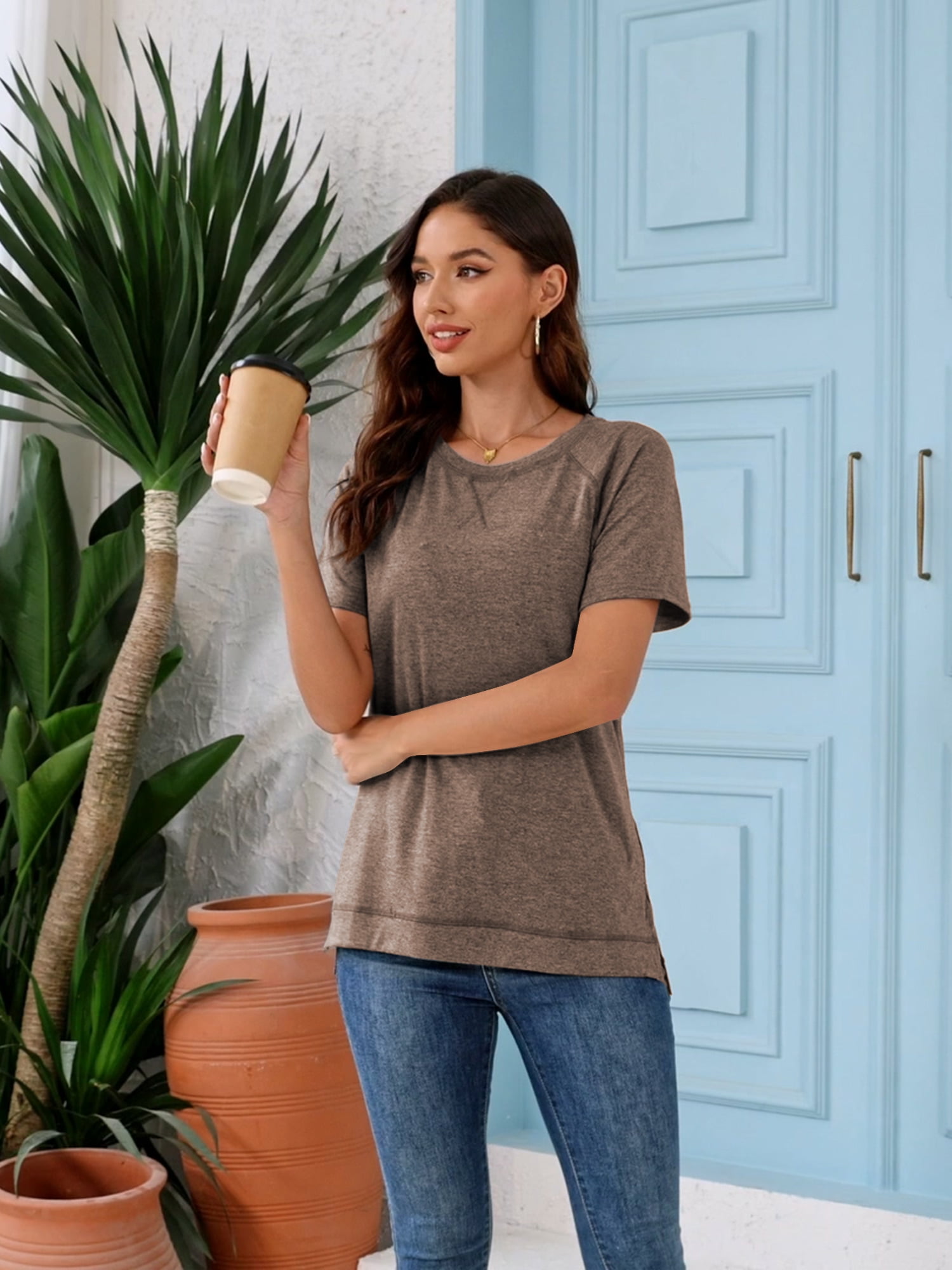 SHIBEVER Women's Short Sleeve Tunic Top Casual Loose Crewneck Shirt (Brown, L) 7trrj
