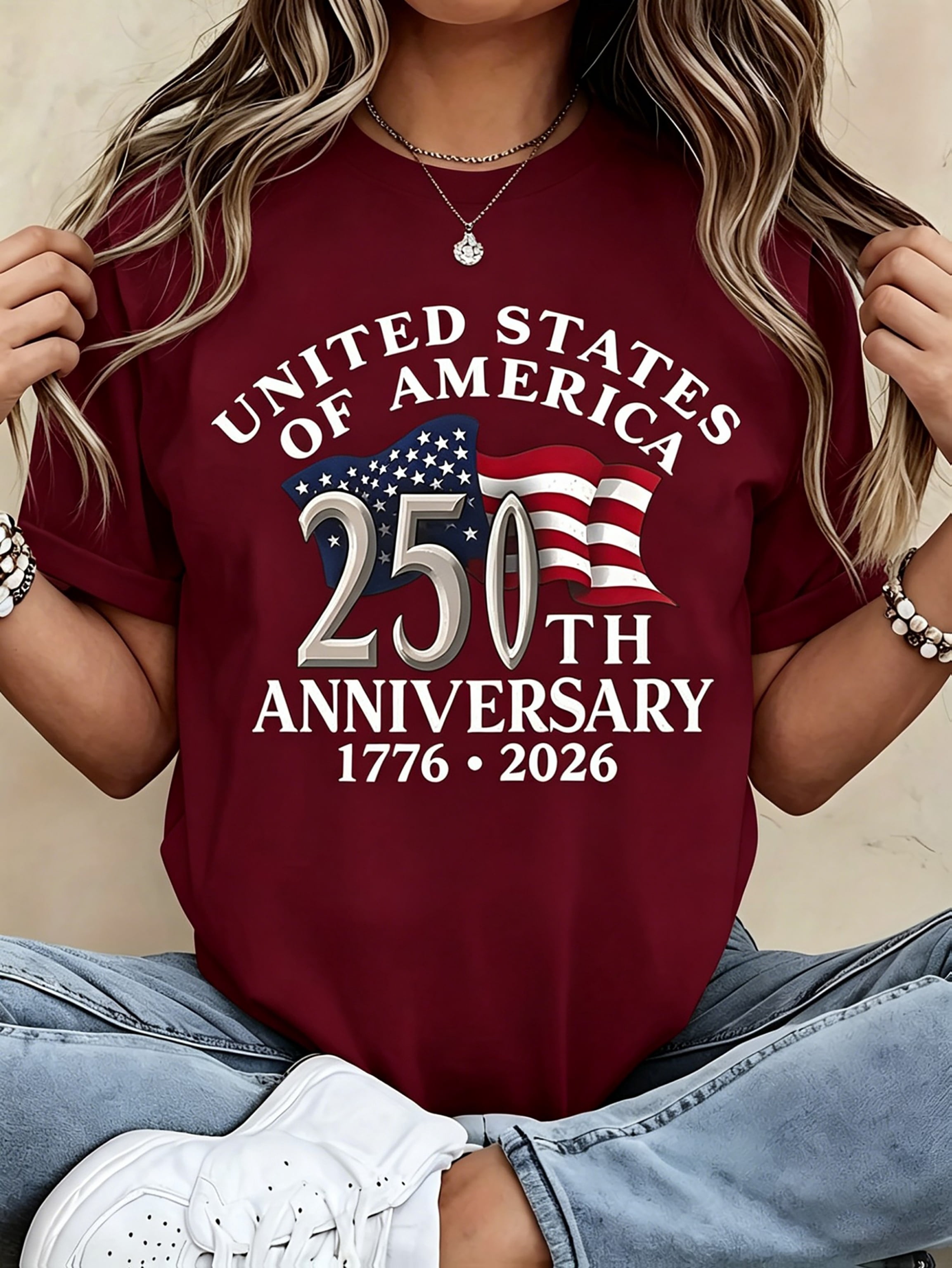 SHESIINN Women's 250 Year USA Anniversary Graphic T-Shirt, Breathable Cotton Crew Neck Short Sleeve Top (White, S) o3ztw