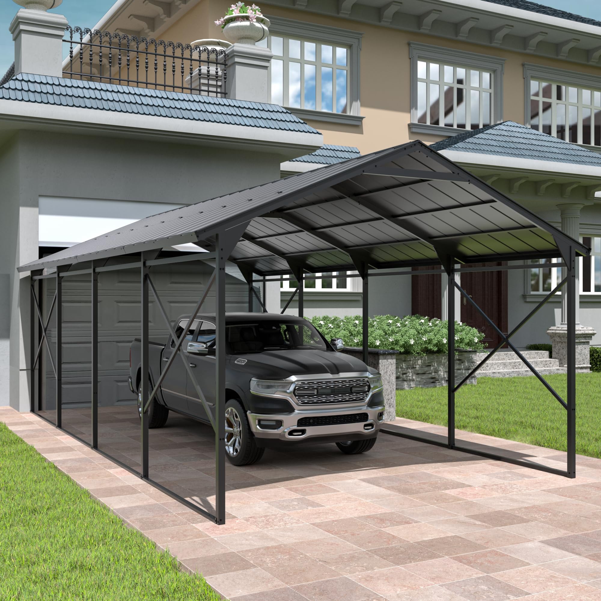 ALAULM Heavy-Duty Metal Carport Outdoor Garage Canopy with Galvanized Steel Roof (12 ft x 22 ft) 9c0s5