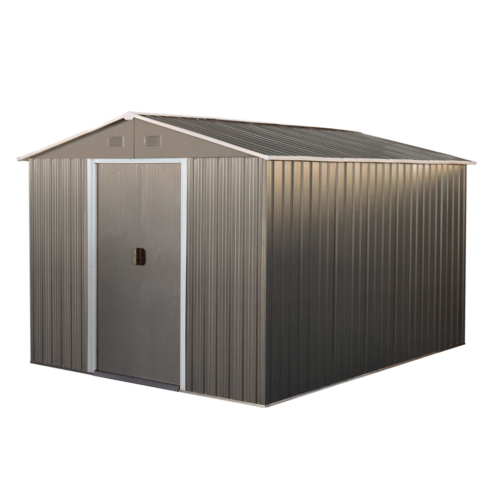 Generic Metal Storage Shed with Steel Foundation, Heavy-Duty All-Weather Outdoor Garden Equipment Organizer (Grey, 8x10 ft) pda12