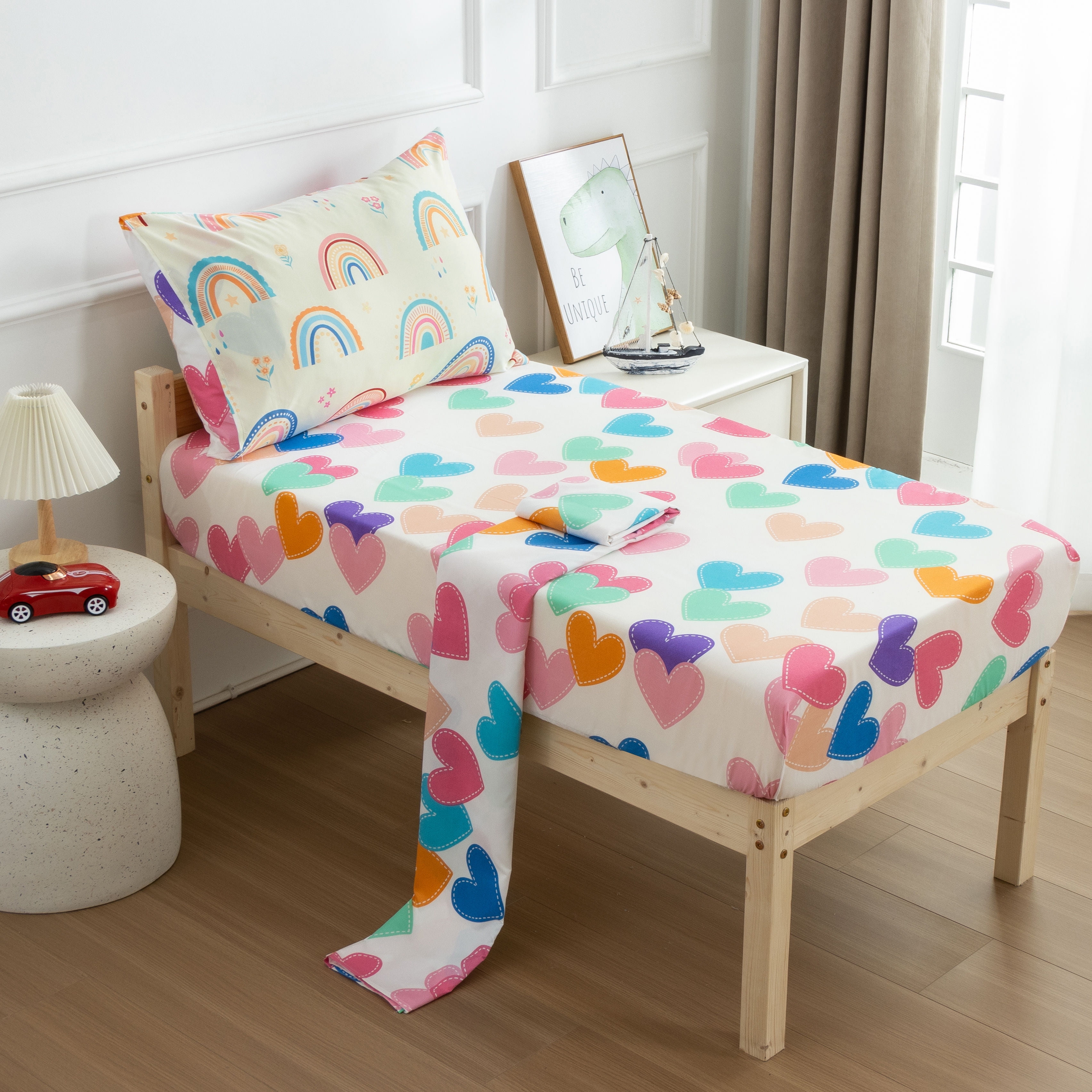Btargot 4pc Rainbow Toddler Bedding Set, Soft Brushed Microfiber Comforter and Sheet Set (Multi-Color, Toddler Size) hp5qm