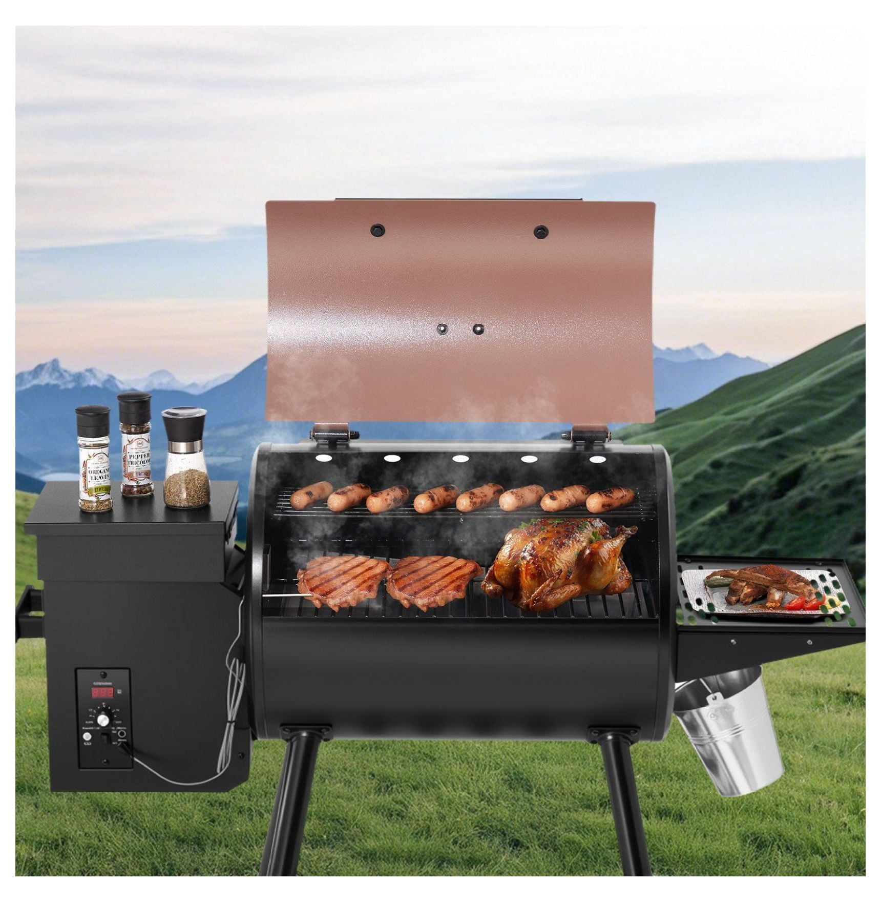 Generic Wood Pellet Grill Smoker, 8-in-1 BBQ Grill with Digital Controller and Meat Probe (Black, 456 sq in) o6tkt