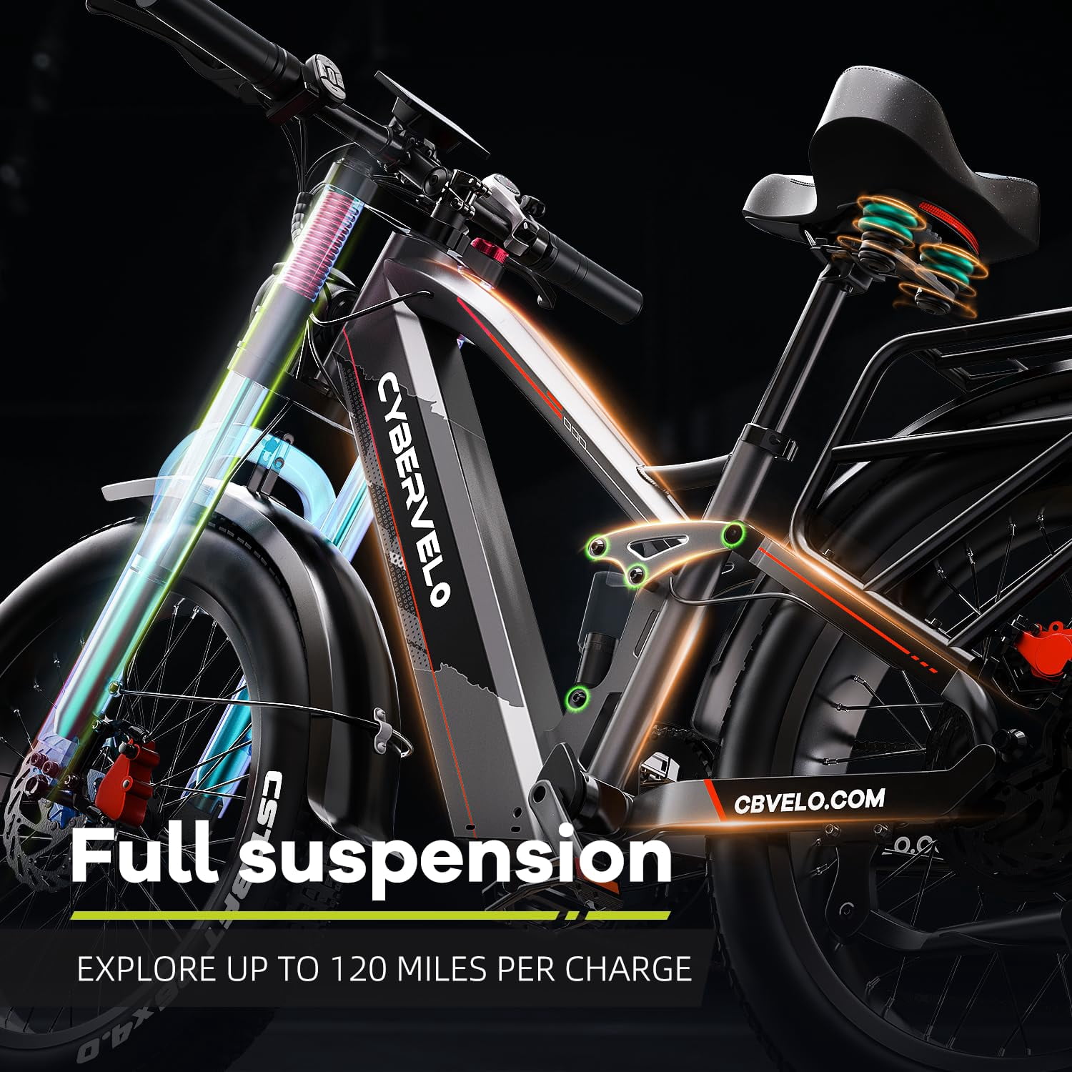 Cyneira Electric Bike, 2000W Fat Tire E-Bike with Full Suspension, Removable 60V 50AH Battery, Rear Rack (Grey, 26 in x 4 in) 35ydq