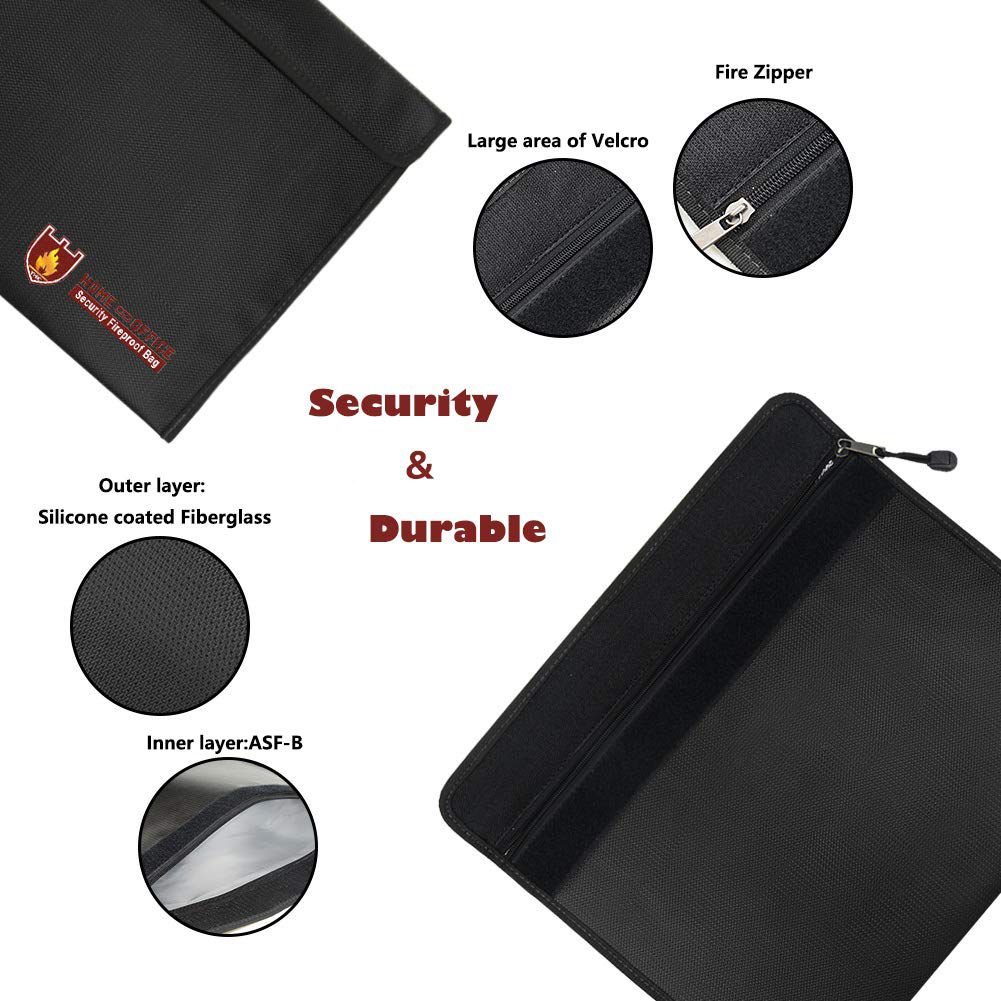 EDAL Fireproof Document Bag, Waterproof Money Pouch with Zipper for Safe Storage (Black, 15x11 in) 34mzi