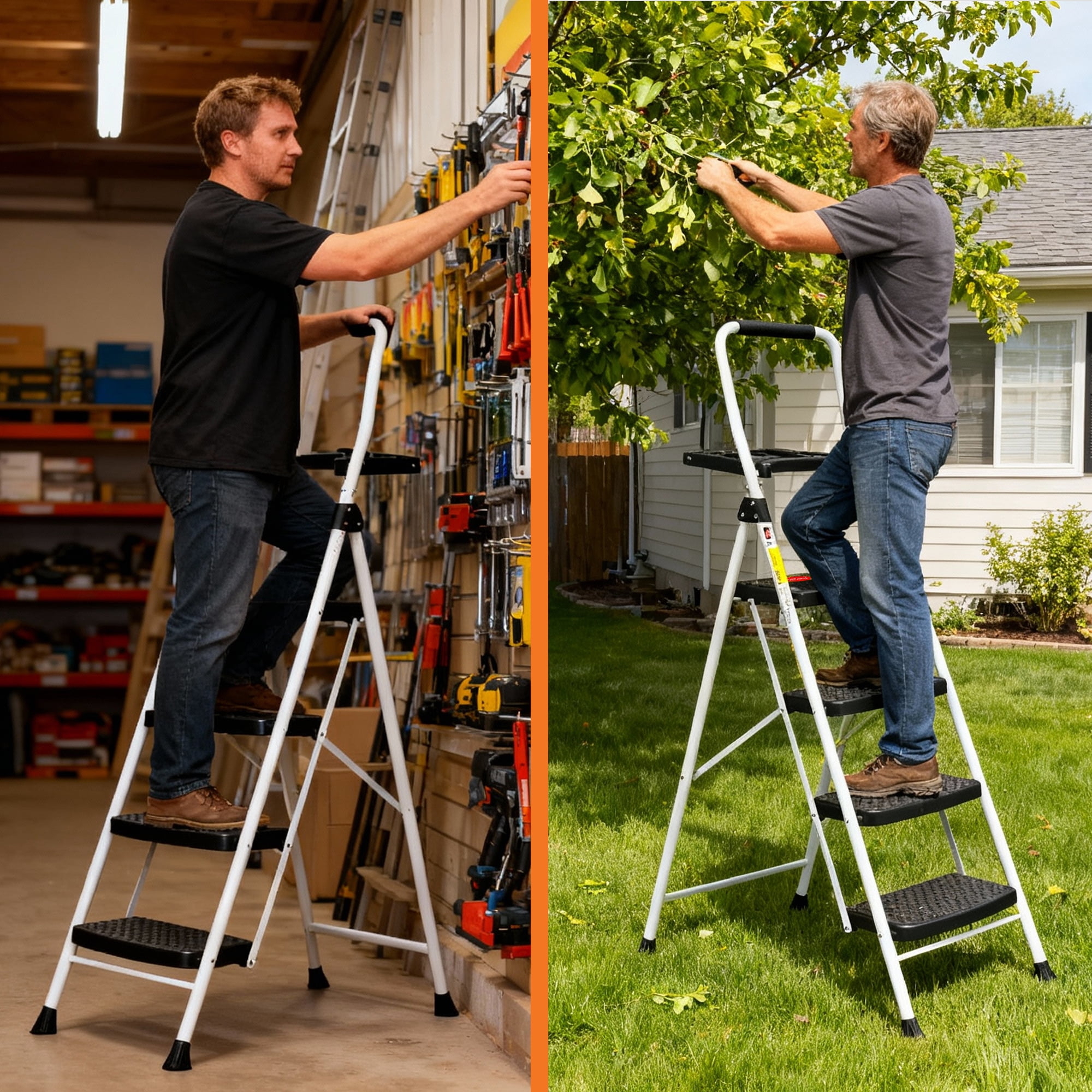 HBTower 4-Step Folding Ladder with Tool Tray and Anti-Slip Pedals (White, 330 lb Capacity) uzmnt