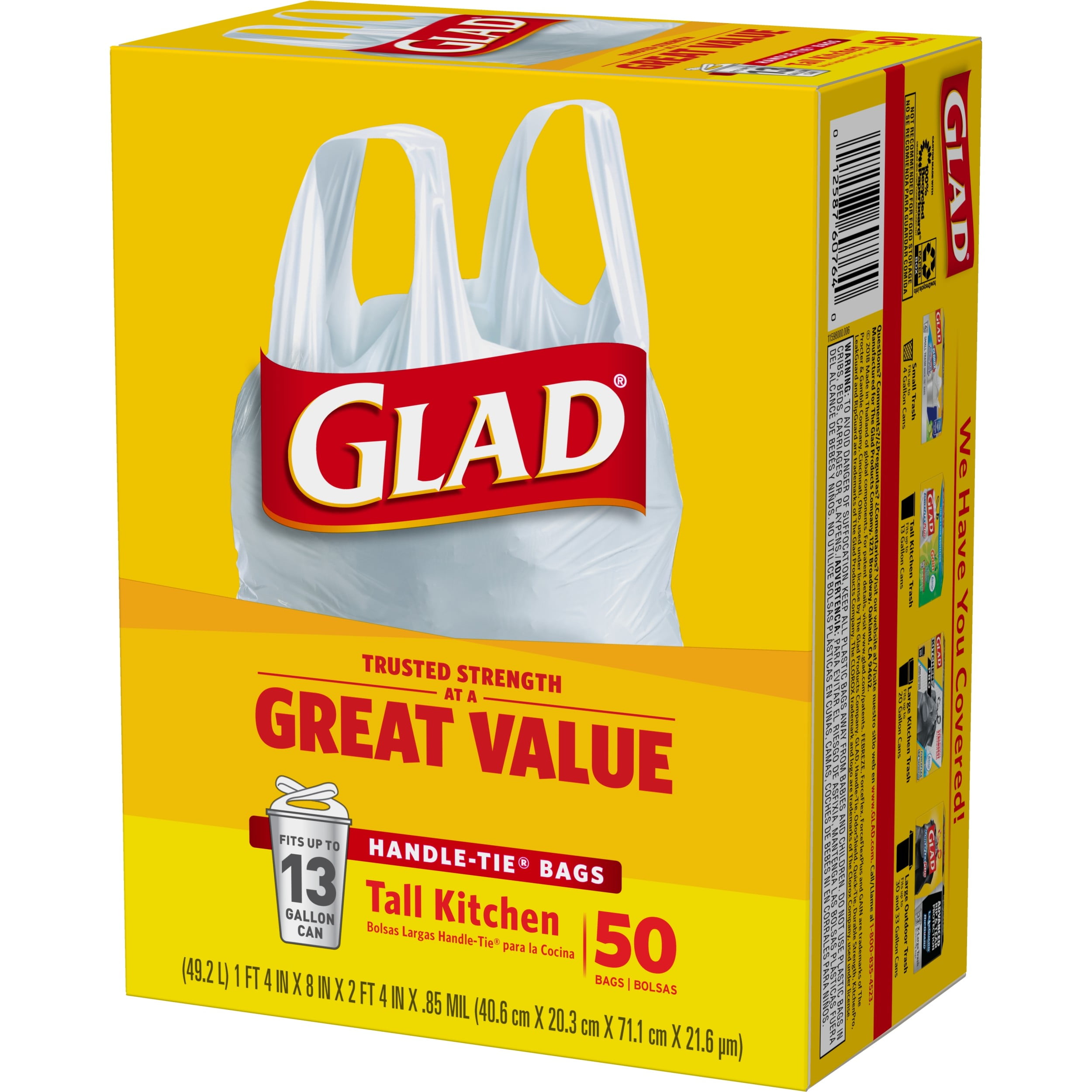 Glad Tall Kitchen Trash Bags with Handle-Tie Closure (White, 50 ct) rencv