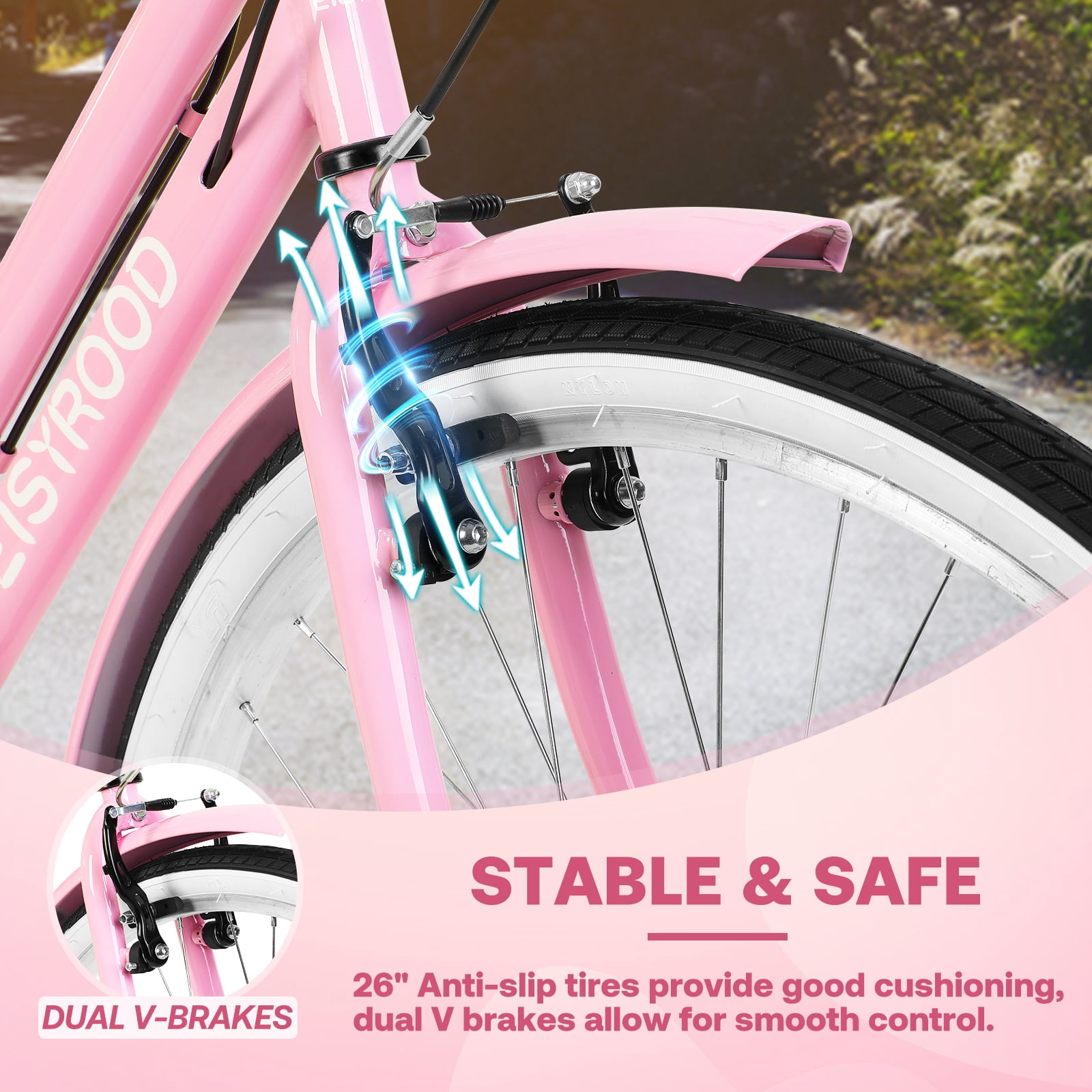 Gaonala 26 Inch Beach Cruiser Bike for Women, Comfort Saddle with Basket (Pink, 26 in) m80j2