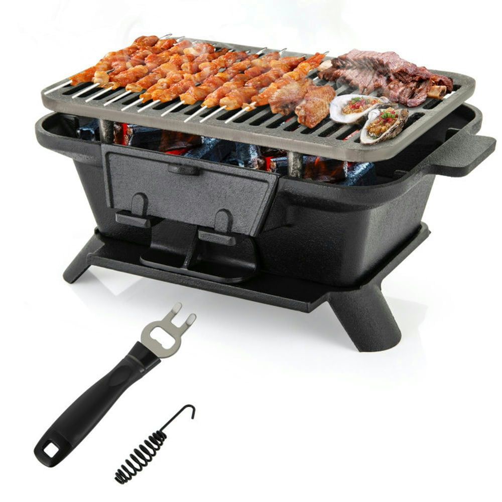 Aimee Lii Cast Iron Hibachi Grill, Portable Charcoal BBQ for Outdoor Cooking (Black, 16 in x 11 in x 7 in) 522qj
