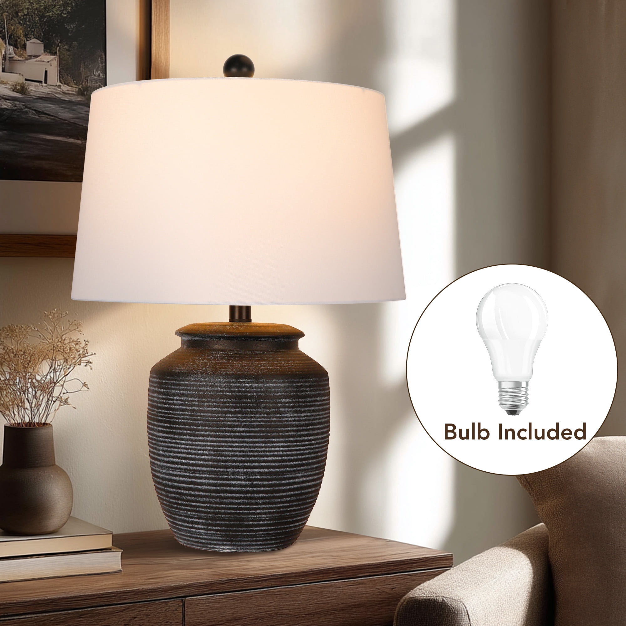 SparkGlowy Rustic Ceramic Pot Table Lamp for Bedroom and Living Room (Black, 28 in) vwn43