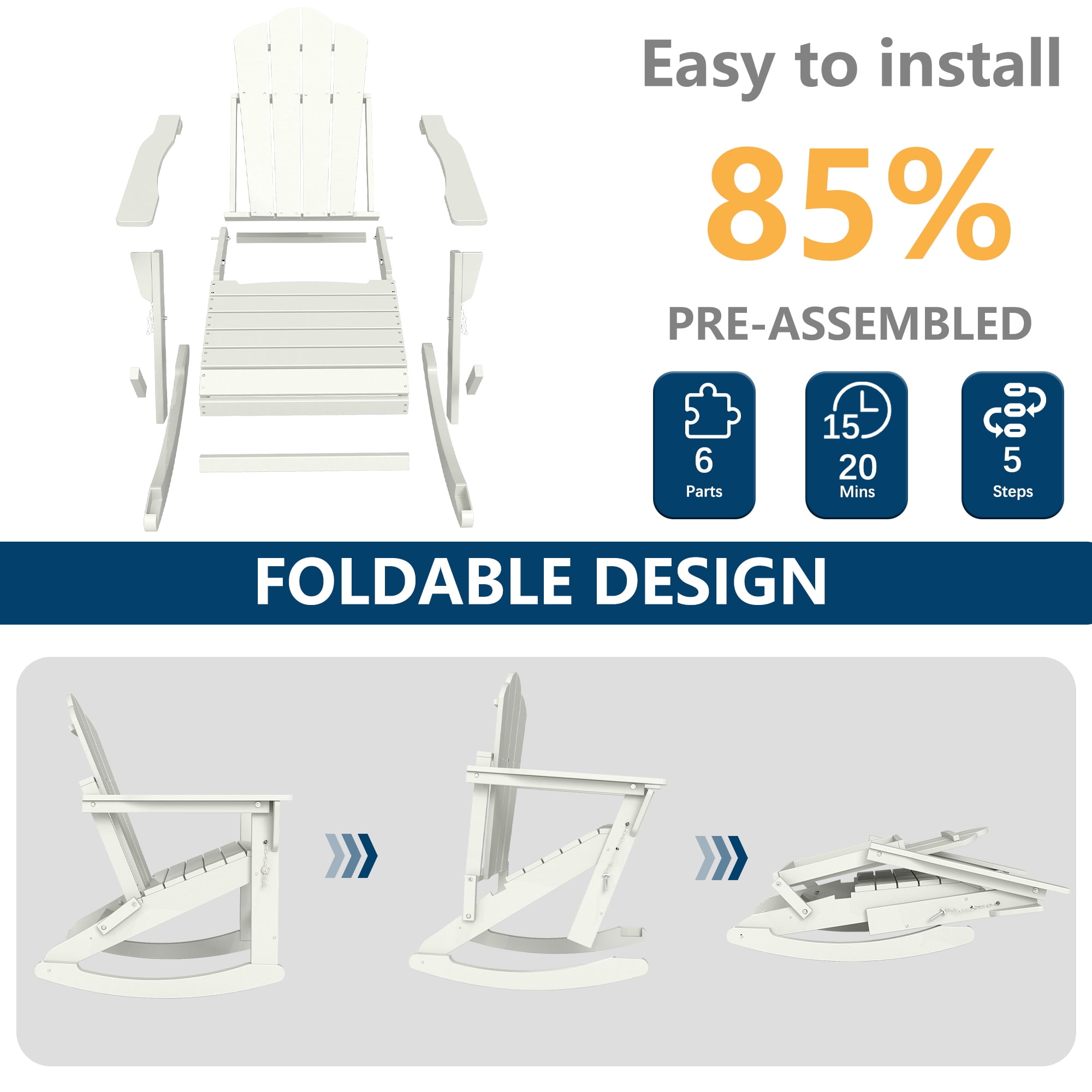 FOOWIN Folding Adirondack Rocking Chair Set (Weather-Resistant HDPE, White, 2-Pack) efjyn