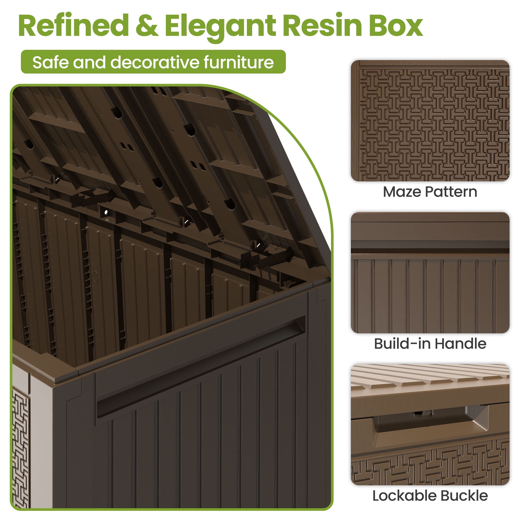 Seizeen Outdoor Storage Deck Box, Waterproof Resin Patio Bench with Lockable Lid (Brown, 90 Gallon) 0k5q1
