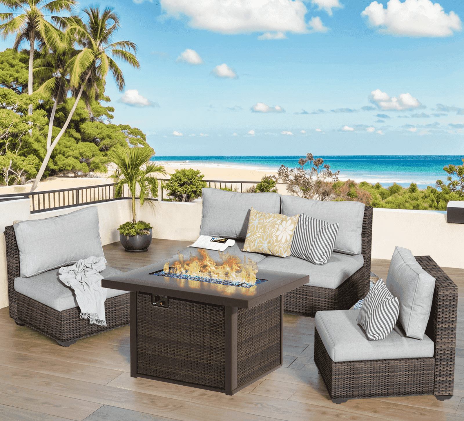 Gaildon 5 Piece Patio Furniture Set with Fire Pit Table, All-Weather Outdoor Sectional PE Rattan Conversation Set with Cushions (Grey, 5 Piece) wblng