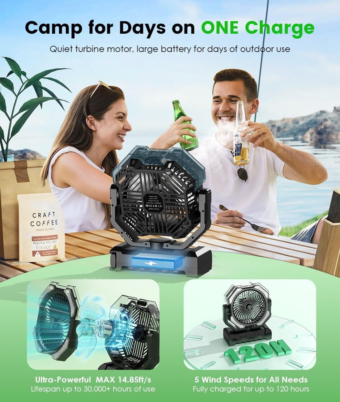 Generic Camping Misting Fan Portable Rechargeable Cooling Fan with LED Light and Remote (Black, 9 oz) vhk1z