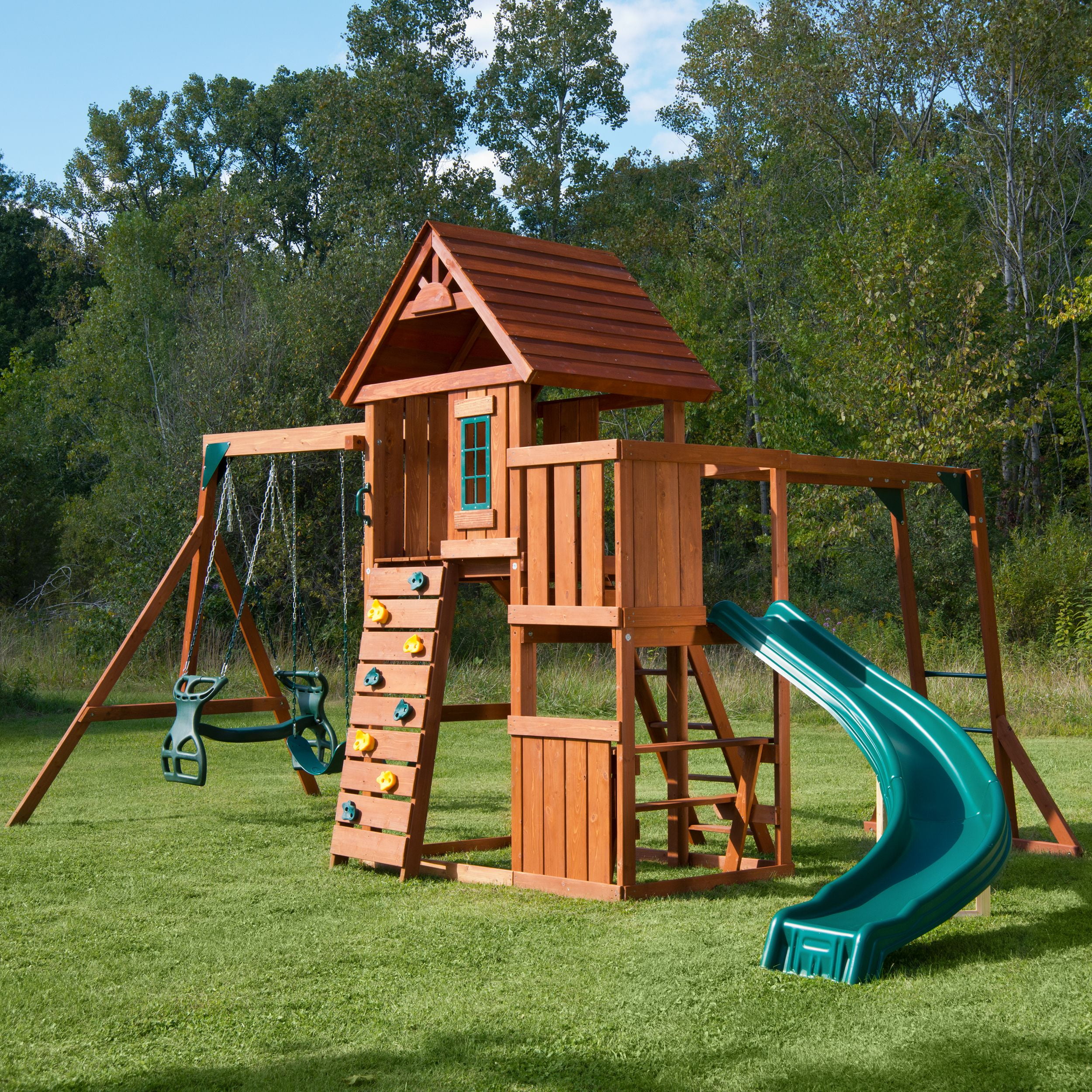 Swing-N-Slide Cedar Brook Wooden Backyard Play Set with Monkey Bars, Swings, and Curved Slide (Brown) s07xk