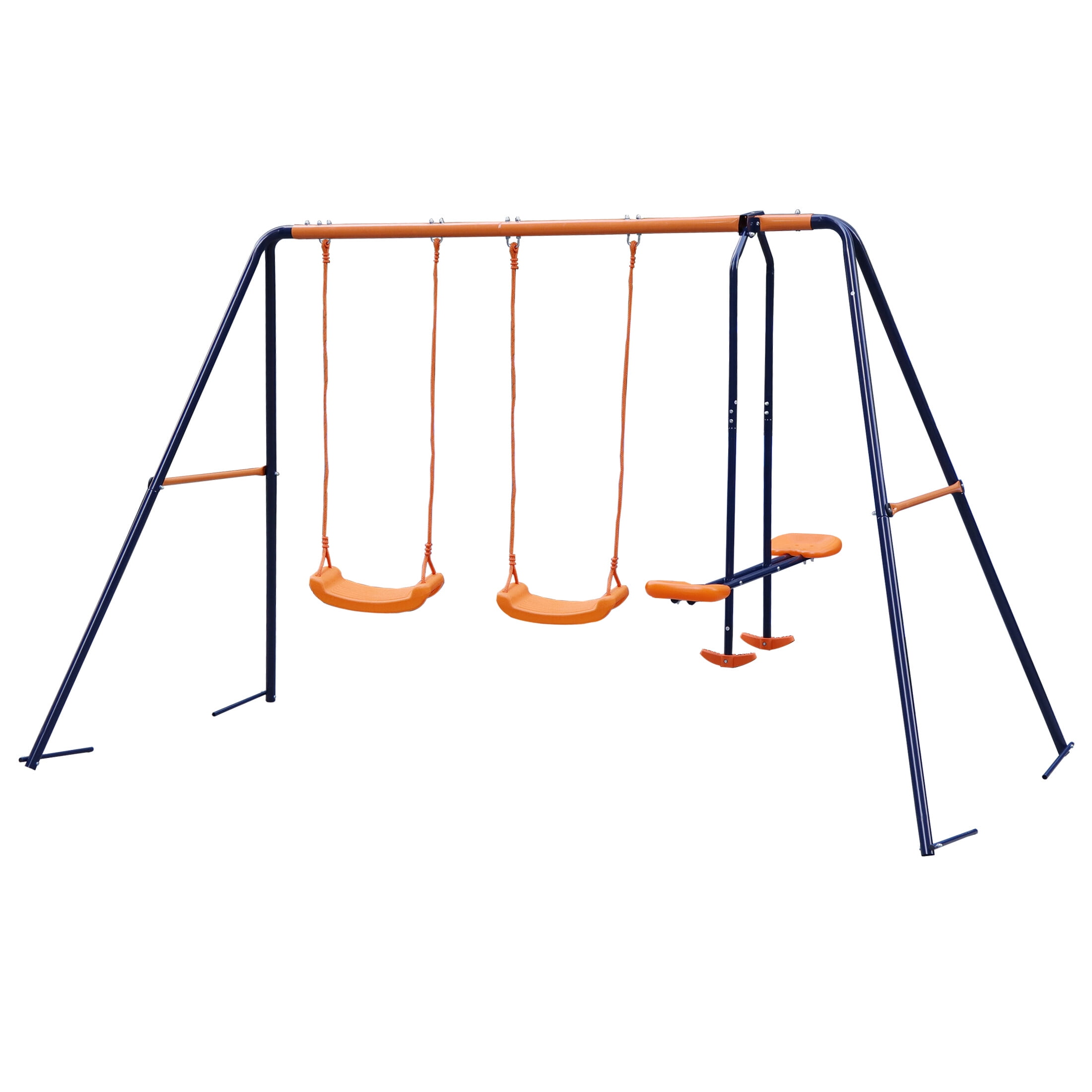 ZenSports Outdoor Kids Swing Set with 2 Seats and 1 Glider (Blue and Orange, 123 in x 61 in x 72.8 in) ga6nw