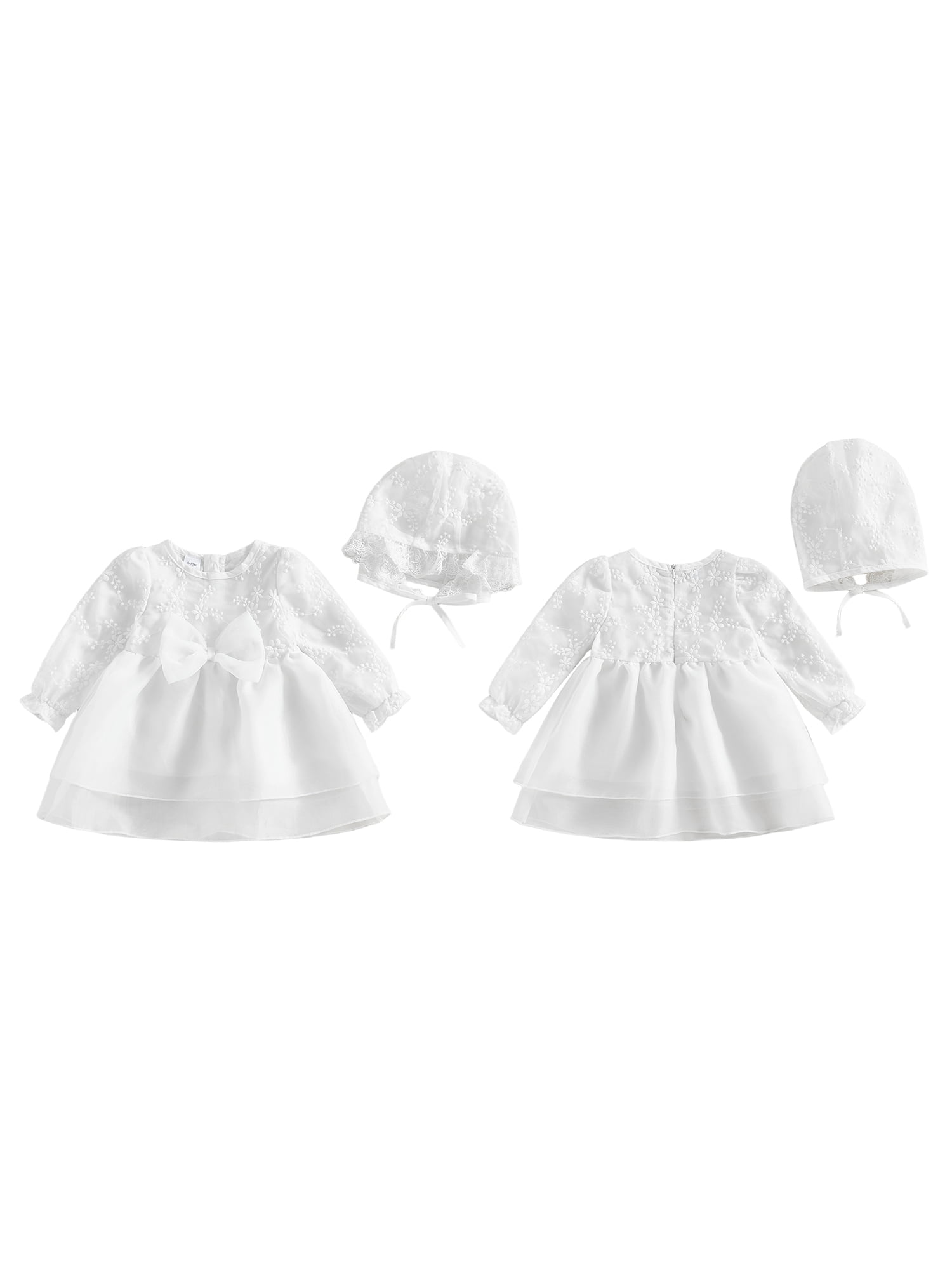 BemeyourBBs Newborn Baby Girls Tulle Tutu Dress with Hat, Floral Embroidery Long Sleeve Christening Outfit (White, 0-6 Months) eqz3w