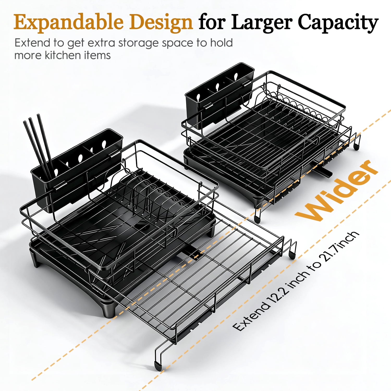 AOKIWO Extendable Dish Drying Rack, Large Capacity Kitchen Counter Drainer with Utensil Holder (Black, 11 in to 21.7 in) gbbk8