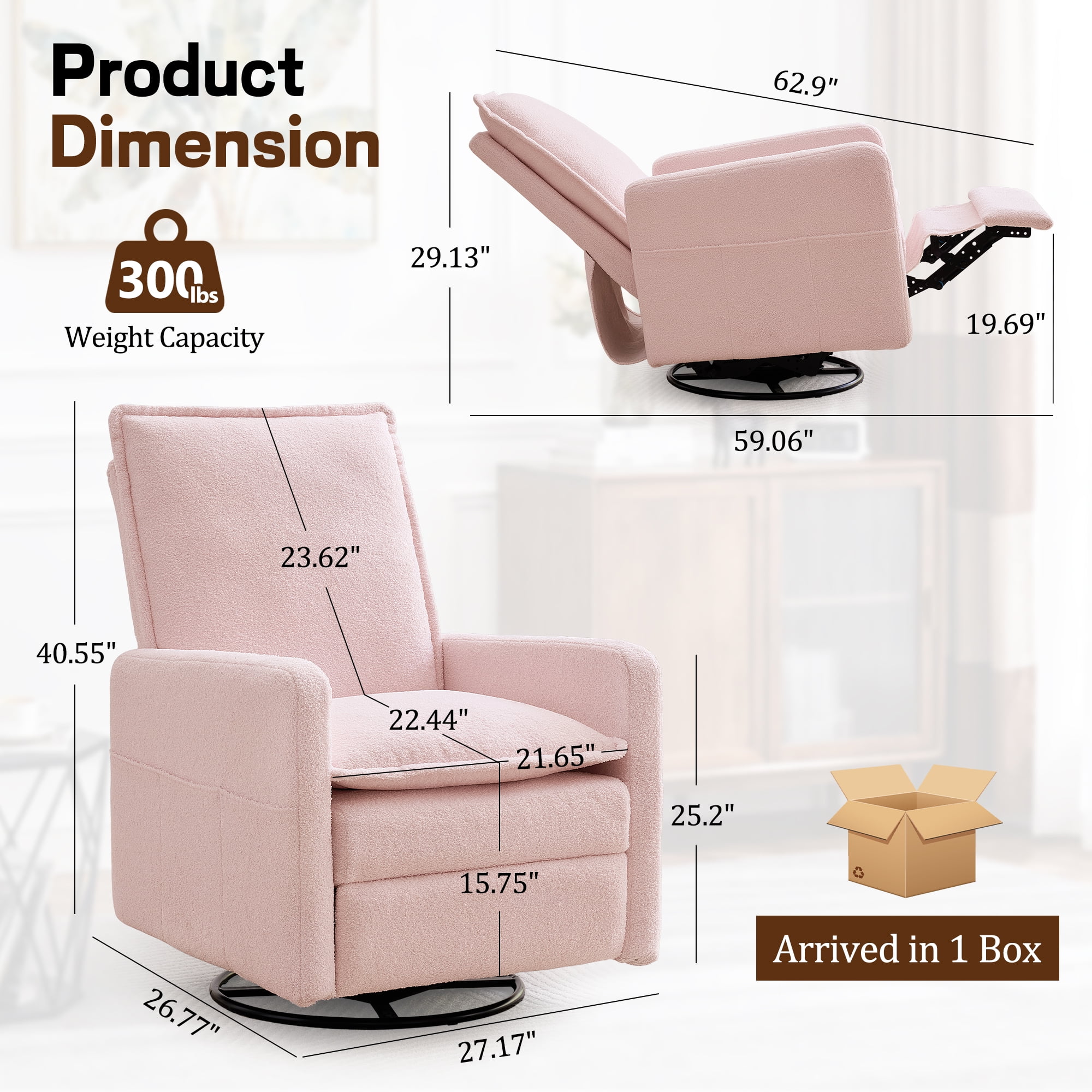 Korser Swivel Rocker Recliner Chair with Side Pockets, Ergonomic Nursery Glider for Living Room (Pink, 27.17 in W x 40.55 in H) 0ndfg