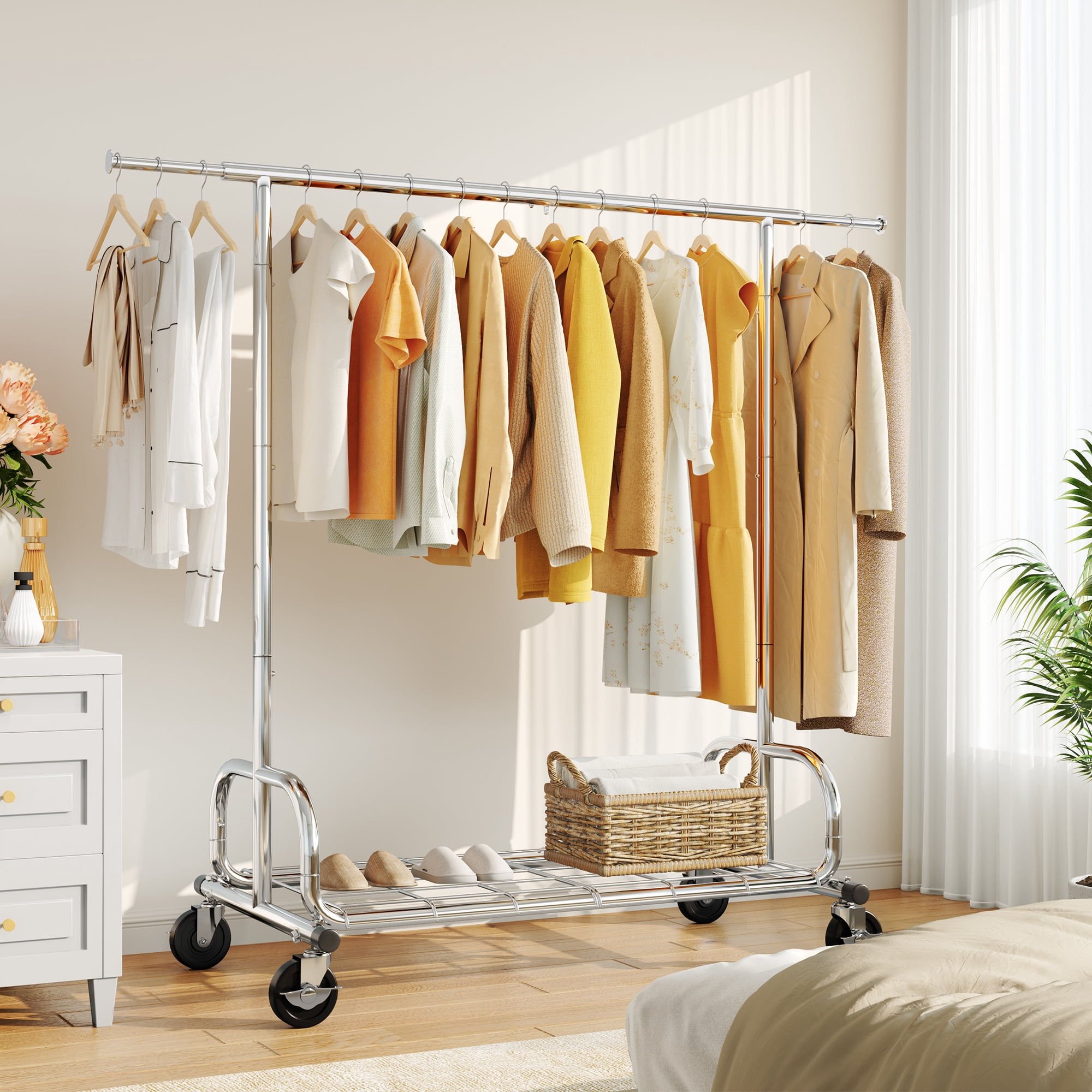 HOKEEPER Heavy Duty Rolling Garment Rack with Shelves, Commercial Grade Steel Clothes Organizer (Silver, 300 lb Capacity) 00wez