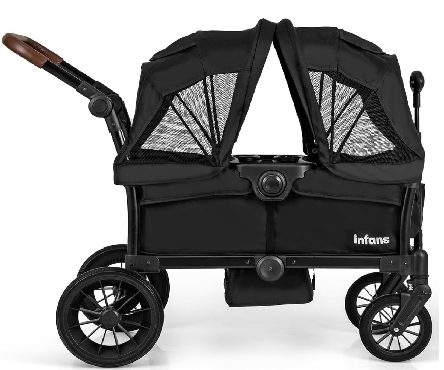 INFANS 2-Seater Wagon Stroller, Collapsible Double Stroller with Adjustable Canopy and Snack Tray (Black, 41 in x 22 in x 42 in) 0vei3