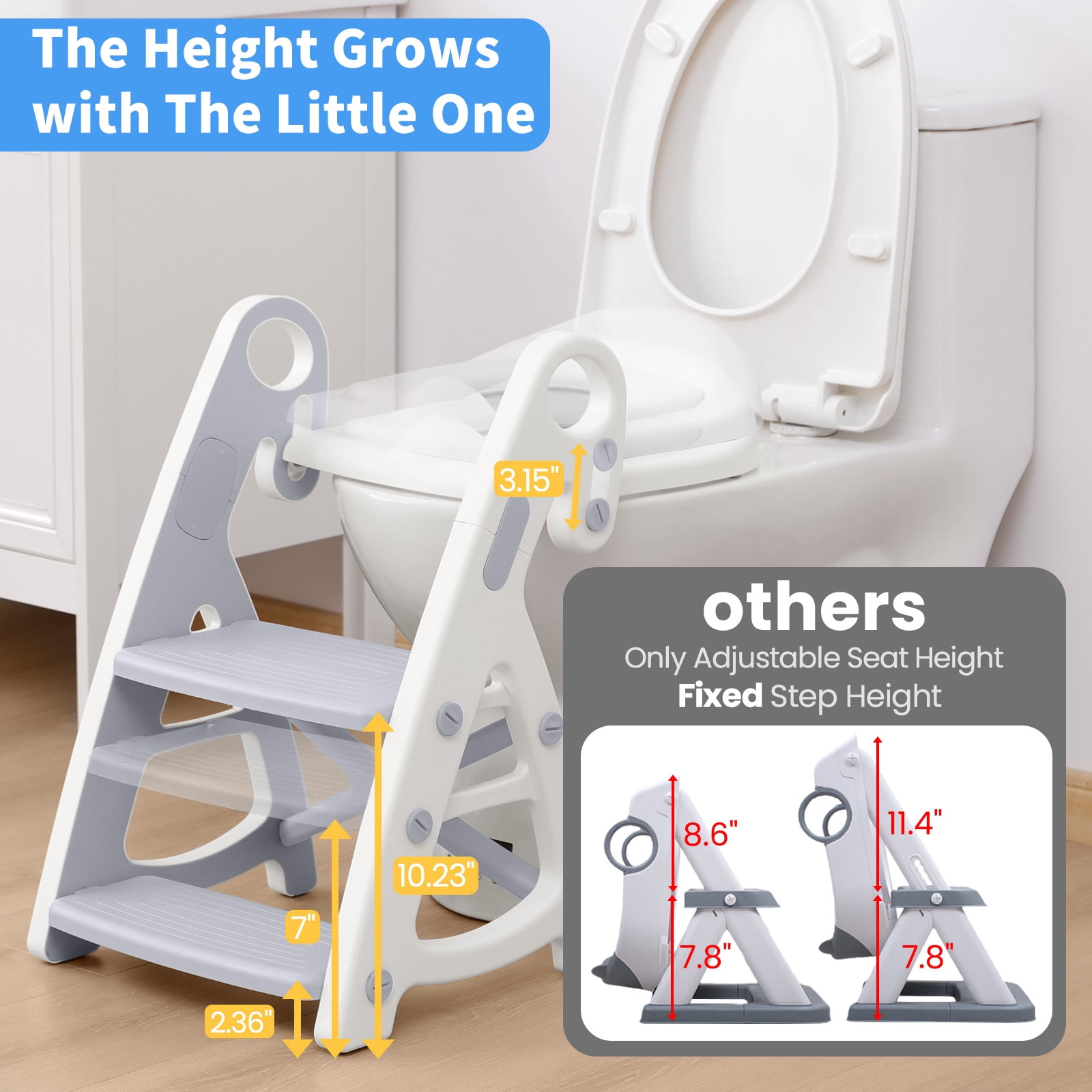 Primlect Potty Training Toilet Seat with Step Stool Ladder, Adjustable Height (Gray, 1 Pack) jqweb