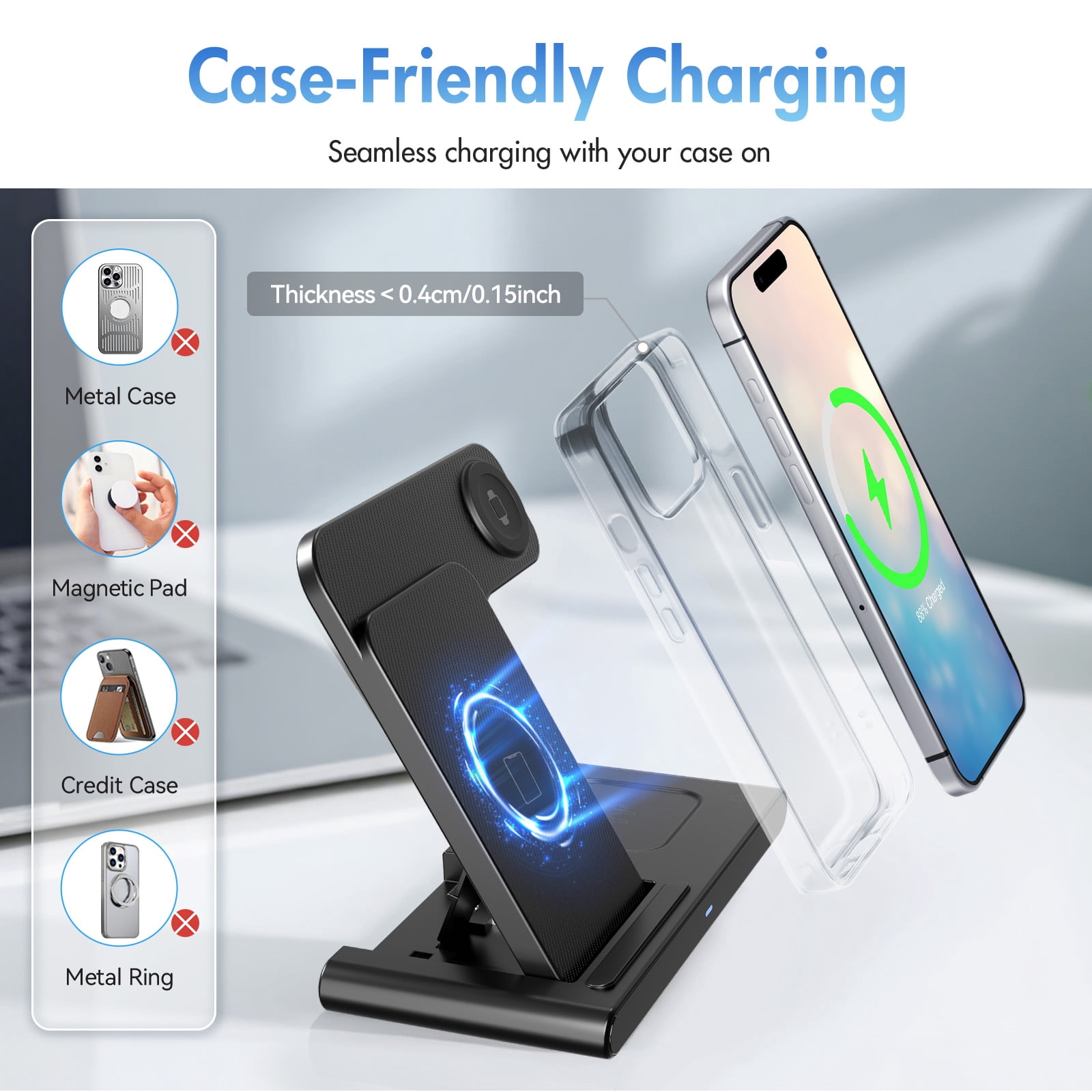 BAOKALER 3-in-1 Wireless Charging Station, Fast Charging Dock for iPhone, Apple Watch, and AirPods (Black, 15W) on0yj
