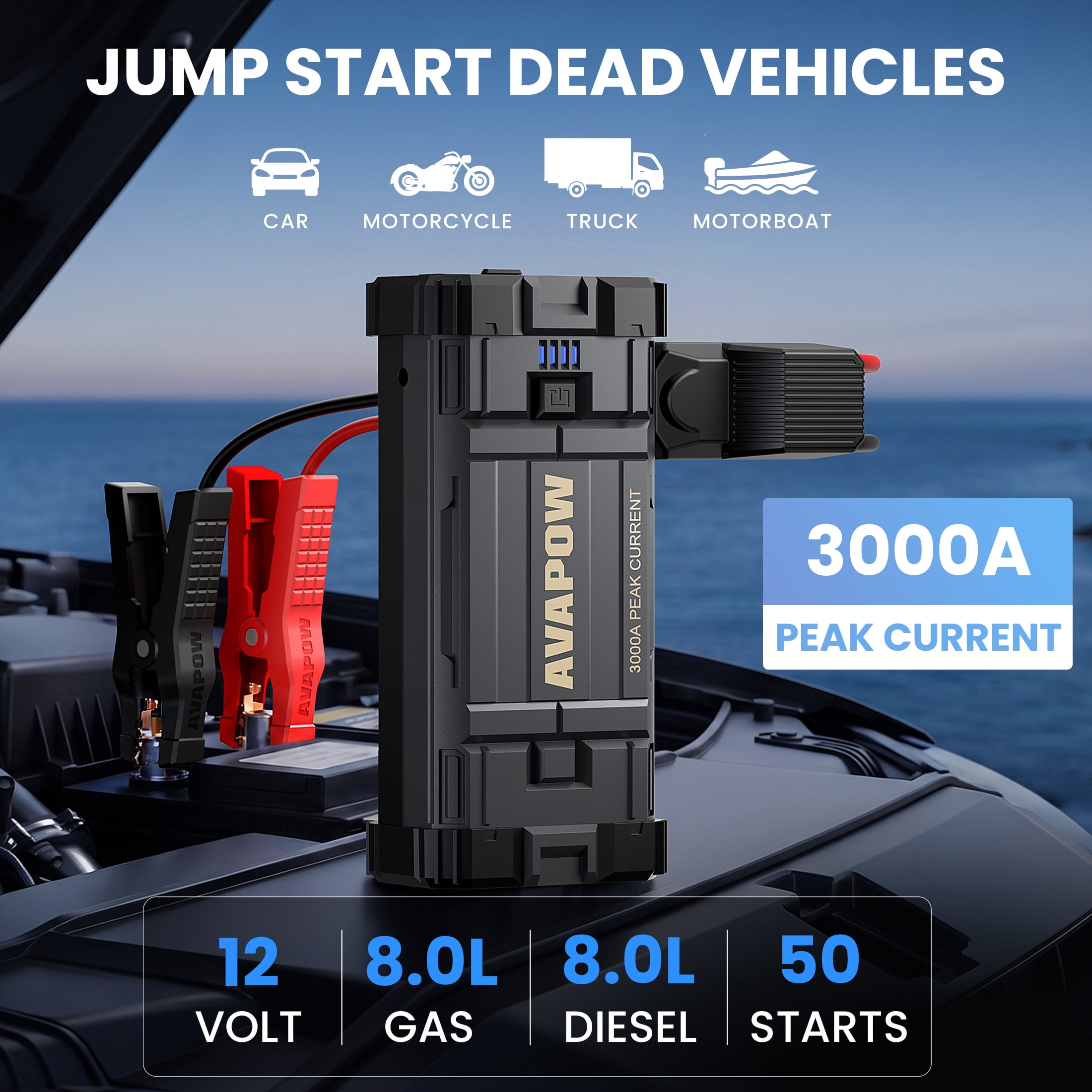 AVAPOW Car Jump Starter 3000A Peak Portable Battery Booster (23800mAh, 12V) u6wd1