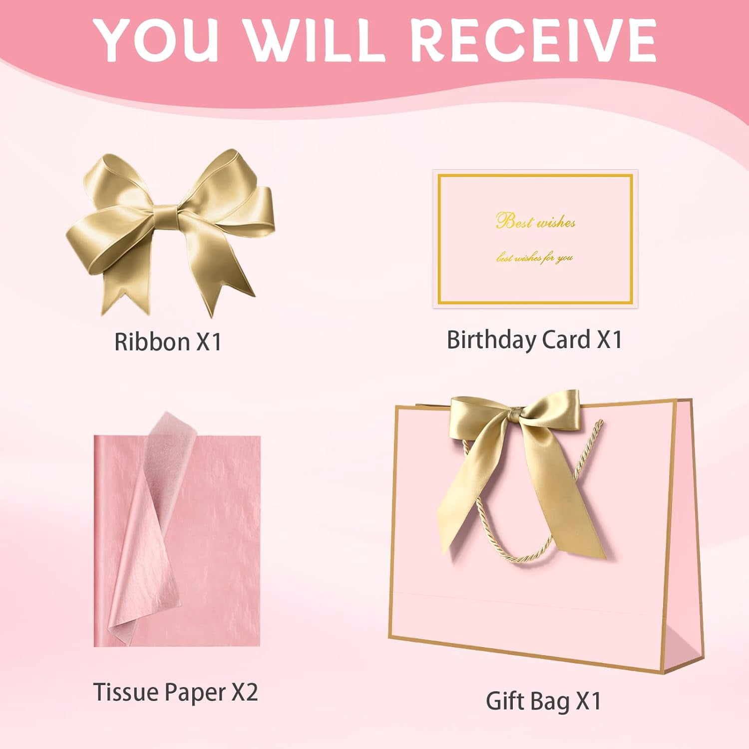 AUCLAY Large Gift Bags with Handles, Tissue Paper and Greeting Cards (Pink with Gold Trim, 3 Pack, 12.6 in) ylzpf