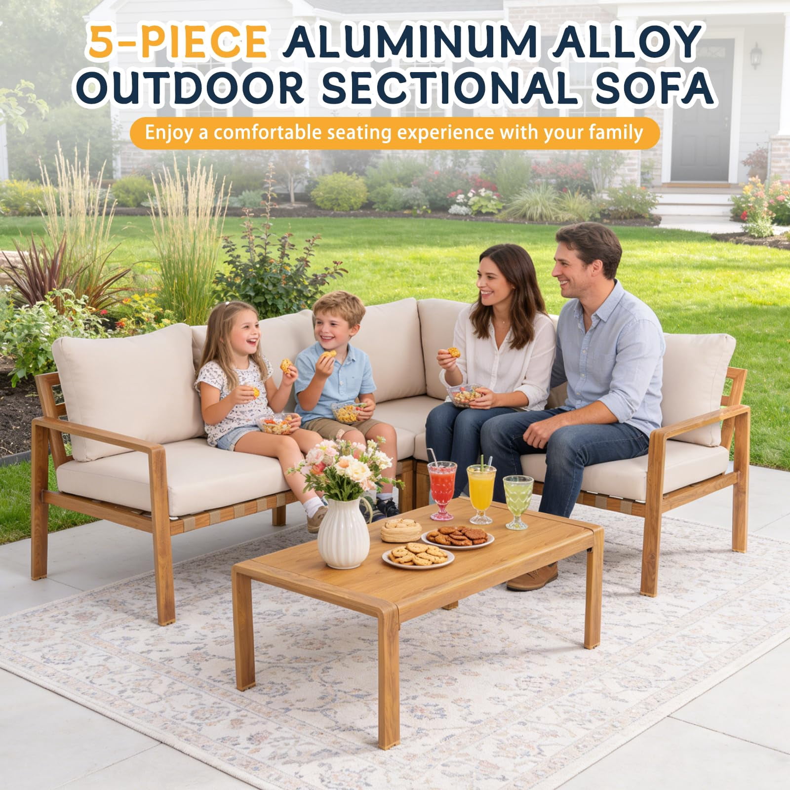 VIXLON 4-Piece L-Shaped Outdoor Patio Furniture Set, Aluminum Sectional Sofa with Coffee Table (Blue, 4-Piece) d216g