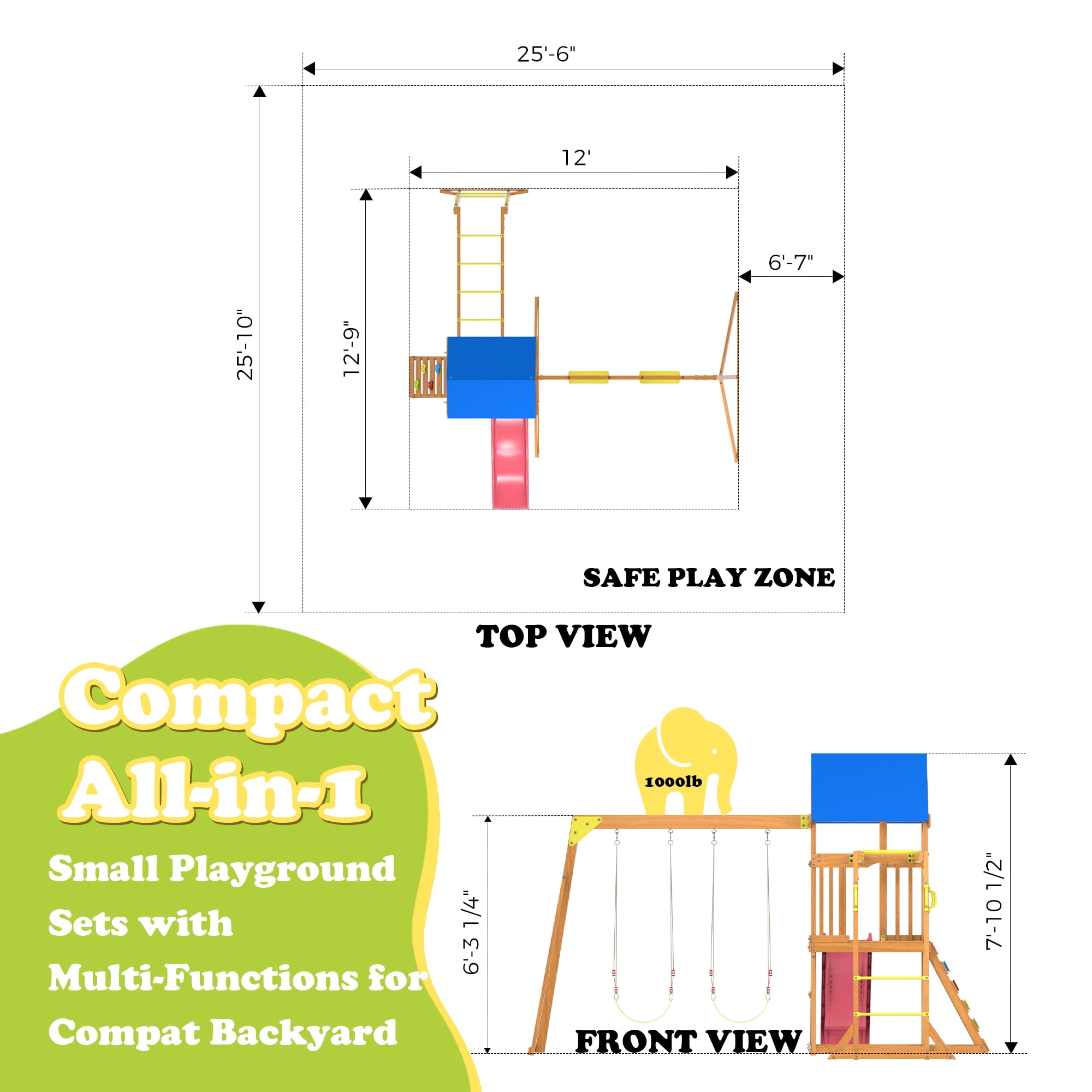 SuniBoxi Wooden Playground Set with Monkey Bars, Wave Slide, and 2 Belt Swings (Yellow, 1 Set) vaghr