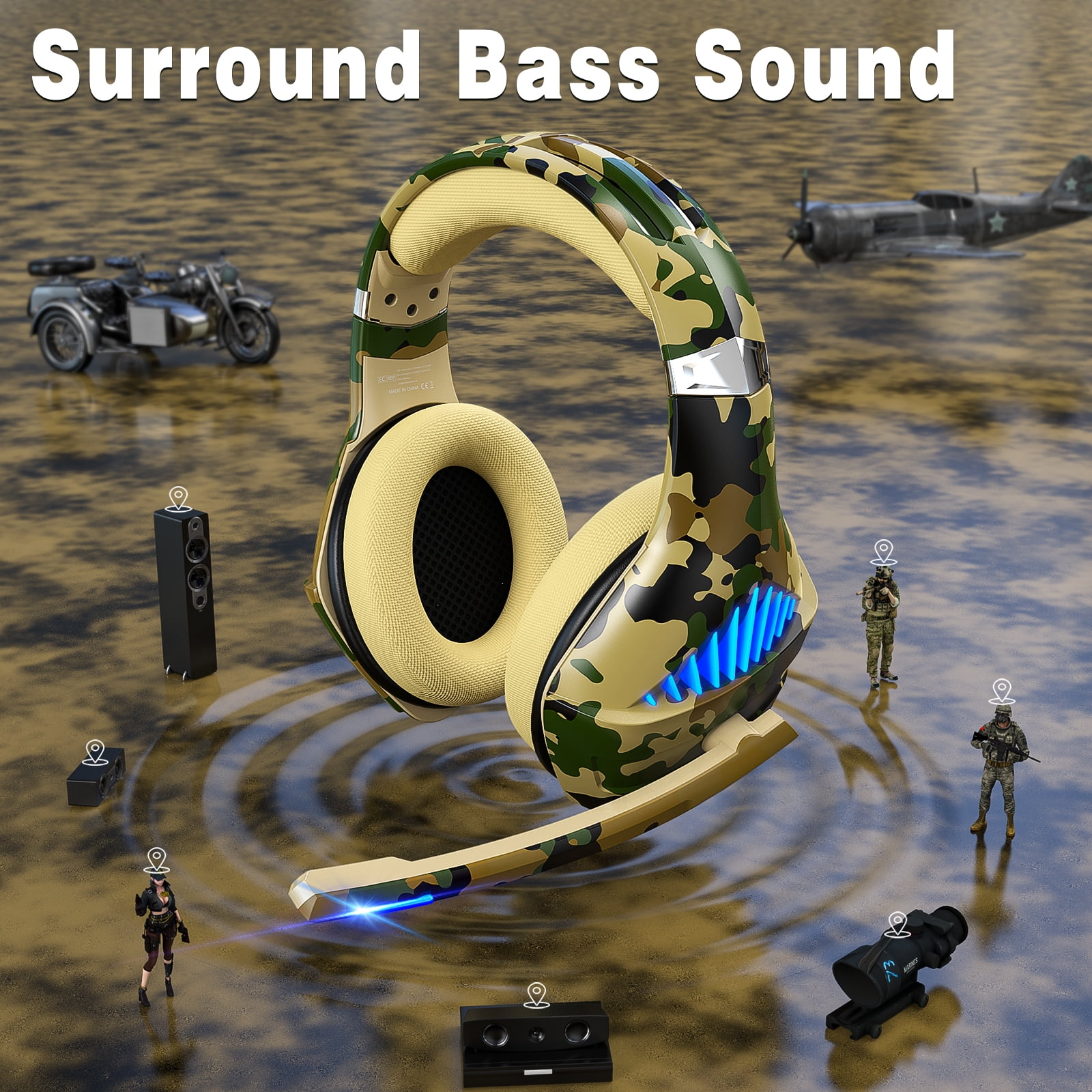 Beexcellent Gaming Headset with Noise Cancelling Microphone and Stereo Surround Sound (Camouflage, 1 Unit) lmajg