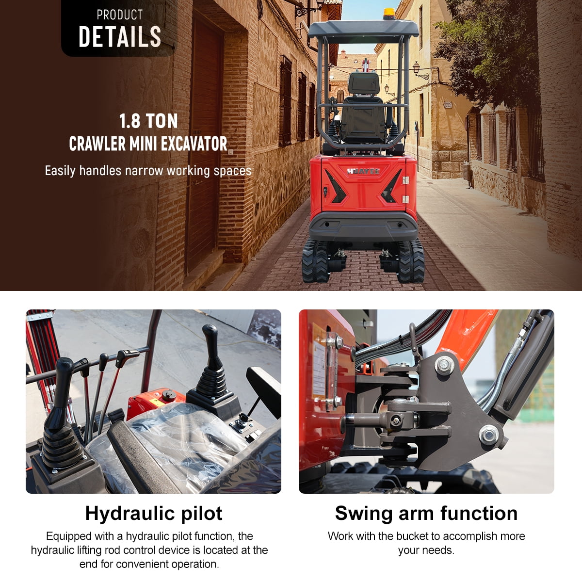 HUAYEE 1.8 Ton Mini Excavator HY18B with 14HP Kubota Diesel Engine (Red, 1.8 Ton) lpo3l