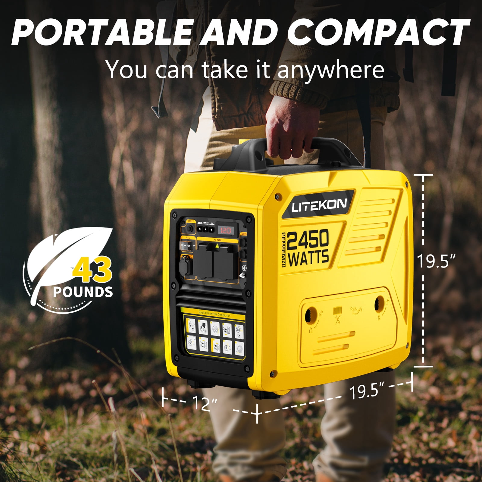 Rvchic 2450-Watt Portable Inverter Generator, Gas Powered Quiet Power Station for Camping and Home Backup (Yellow, 38.97 lb) mdggw