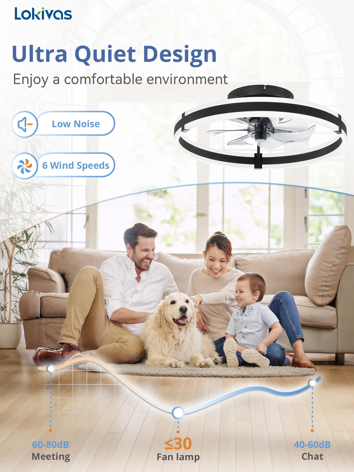 Lokivas 20 in Modern Ceiling Fan with Light, Flush Mount, Dimmable LED, 6-Speed Quiet DC Motor, App and Remote Control (Black, 20 in) z63zs