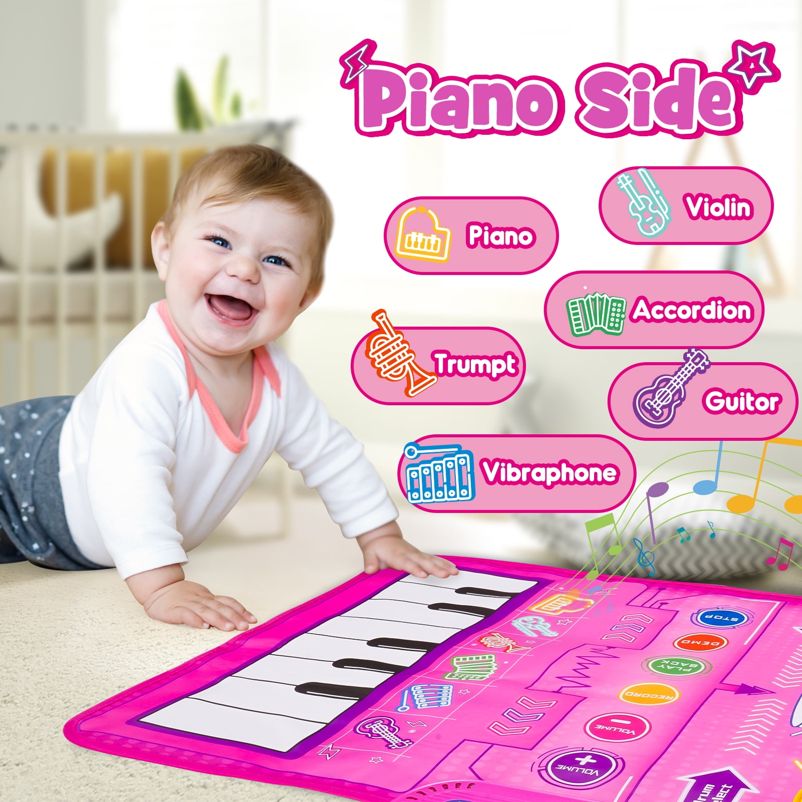 Dreamingbox Musical Piano Mat for Toddlers, Interactive Keyboard and Drum Floor Play Mat (Pink, 39 in x 14 in) kr23y
