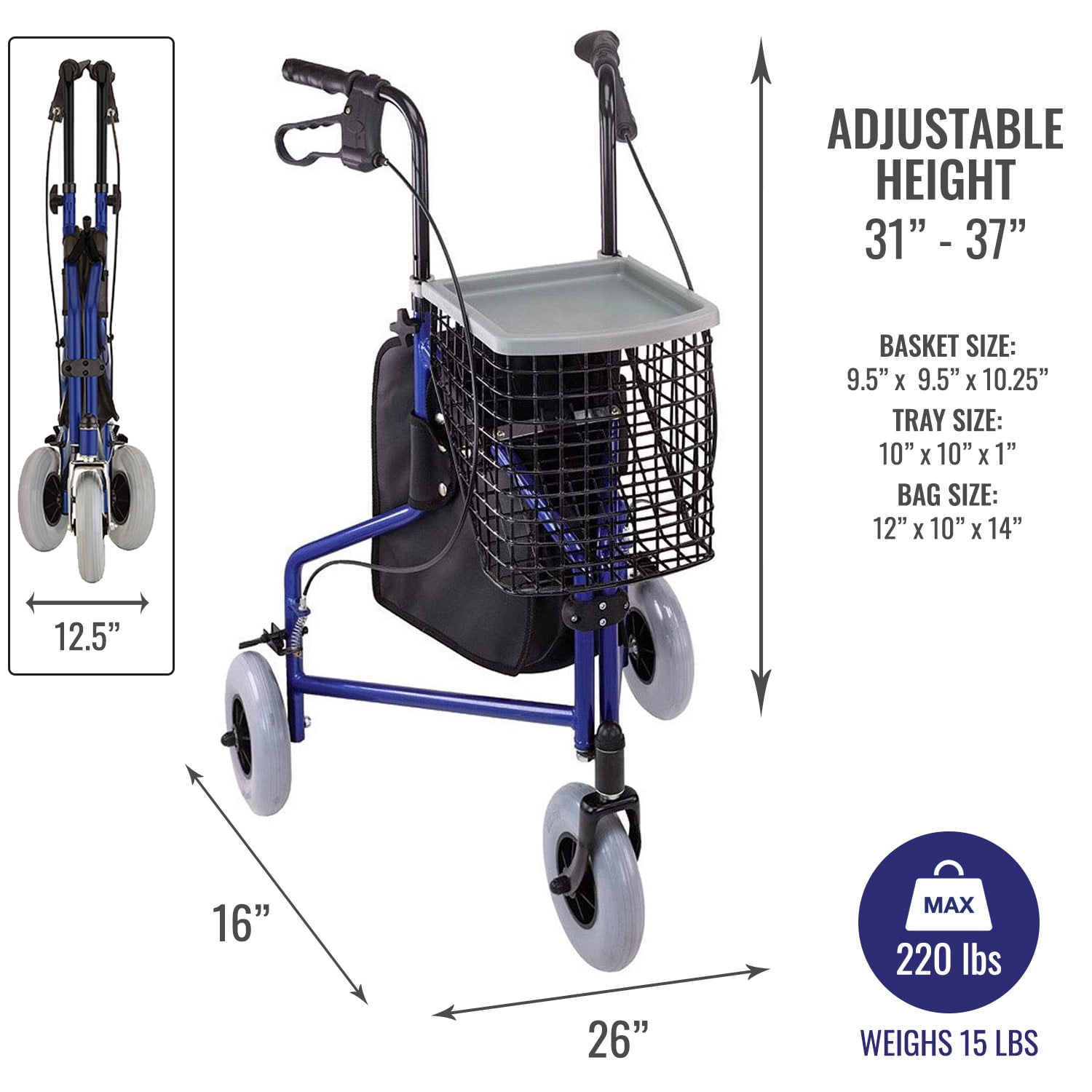 DMI 3-Wheel Folding Rollator Walker with Swiveling Front Wheels and Storage Tray (Royal Blue, 15 lb) 71o5n