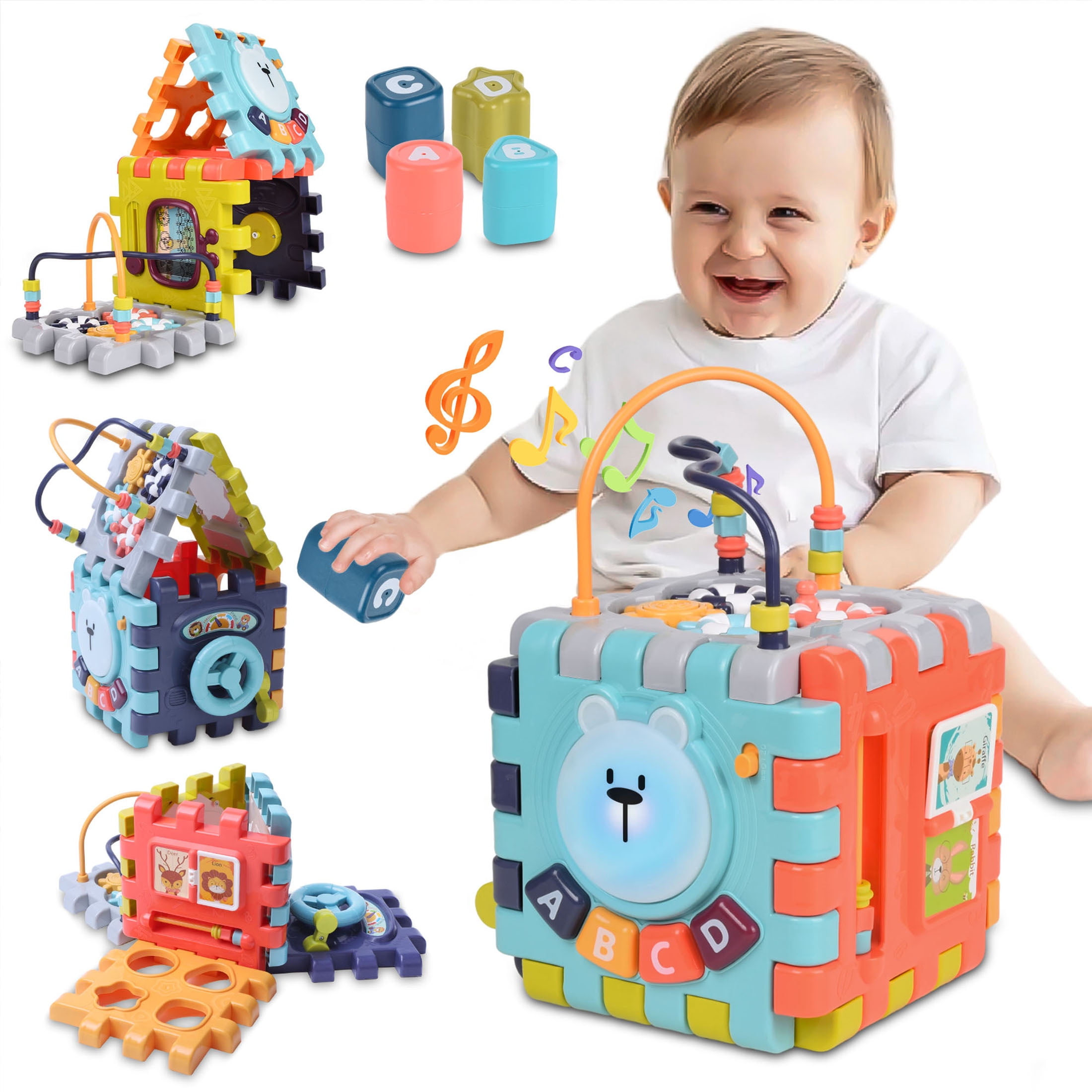 Vomeast 6-in-1 Montessori Activity Cube, Educational Learning Toy for Toddlers, Interactive Music & Shape Sorting (Multicolor, 7.0 x 7.0 x 10.9 in) 02d07