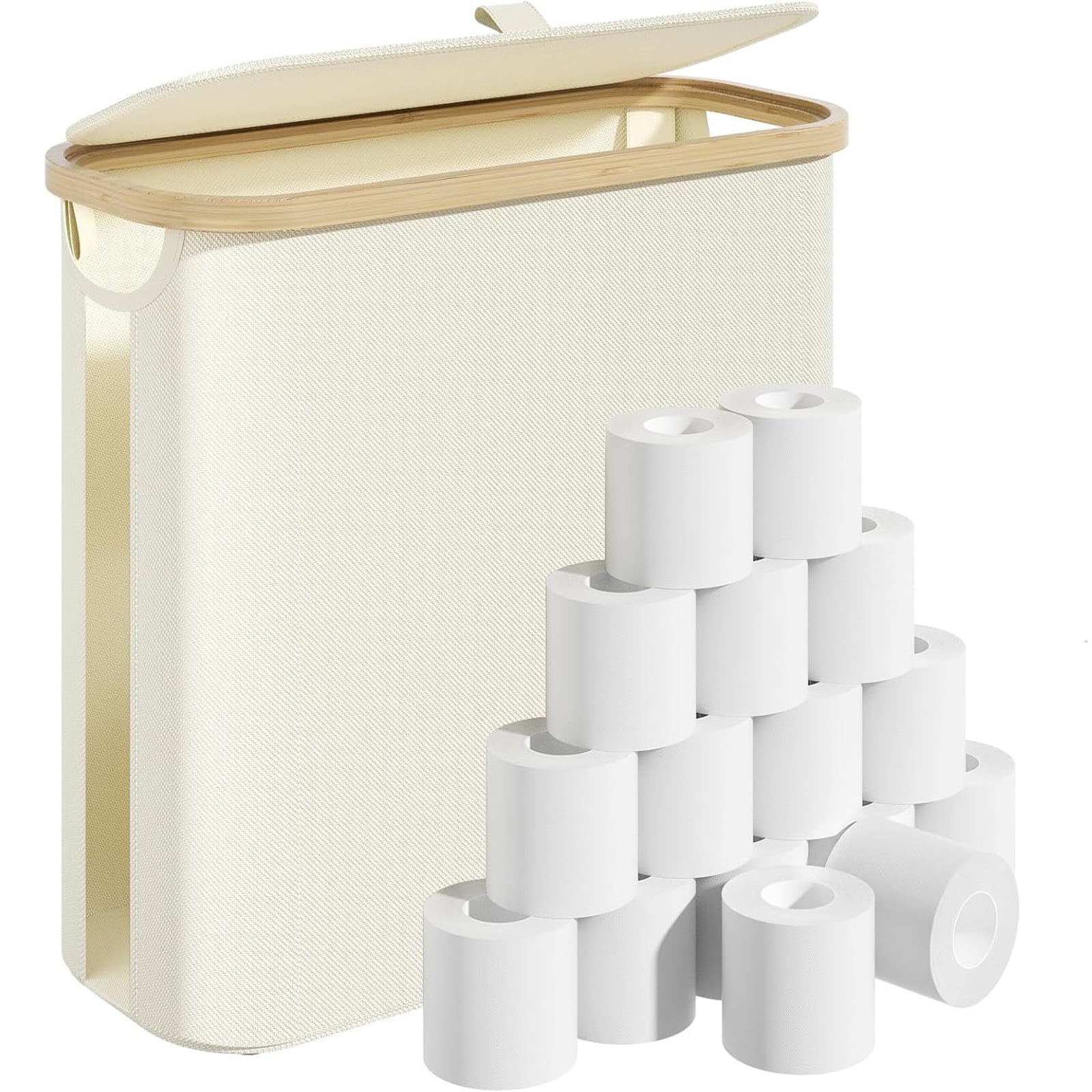 Kimmama Bathroom Toilet Paper Storage Basket with Bamboo Lid and Handles (White, 17.72 in x 6 in x 13.78 in) kgfft