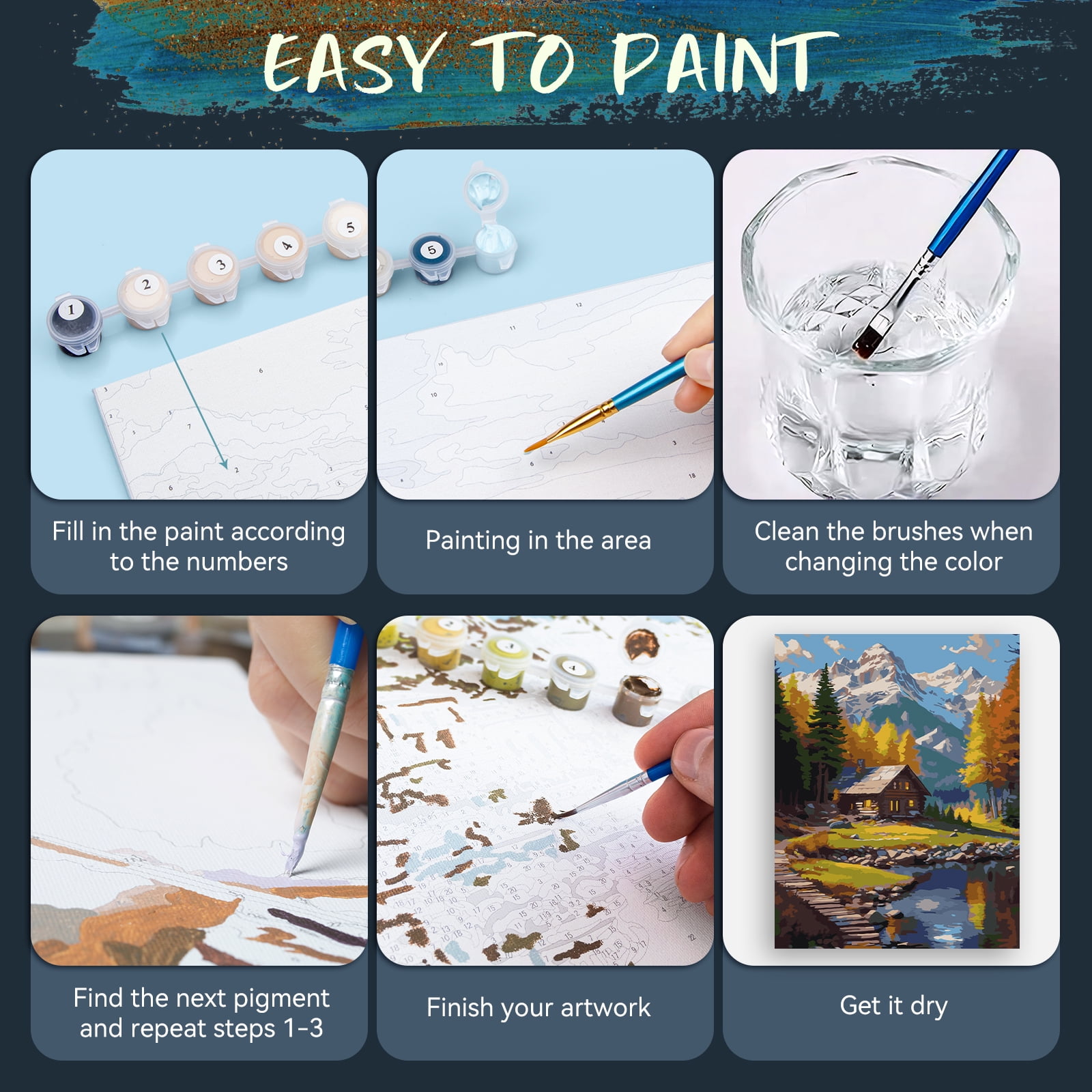 Qoosea Paint by Numbers Kit for Adults with Frame and Wooden Easel, DIY Landscape Art Set (4 Pack, 11.8 in x 9.4 in) wa0uo
