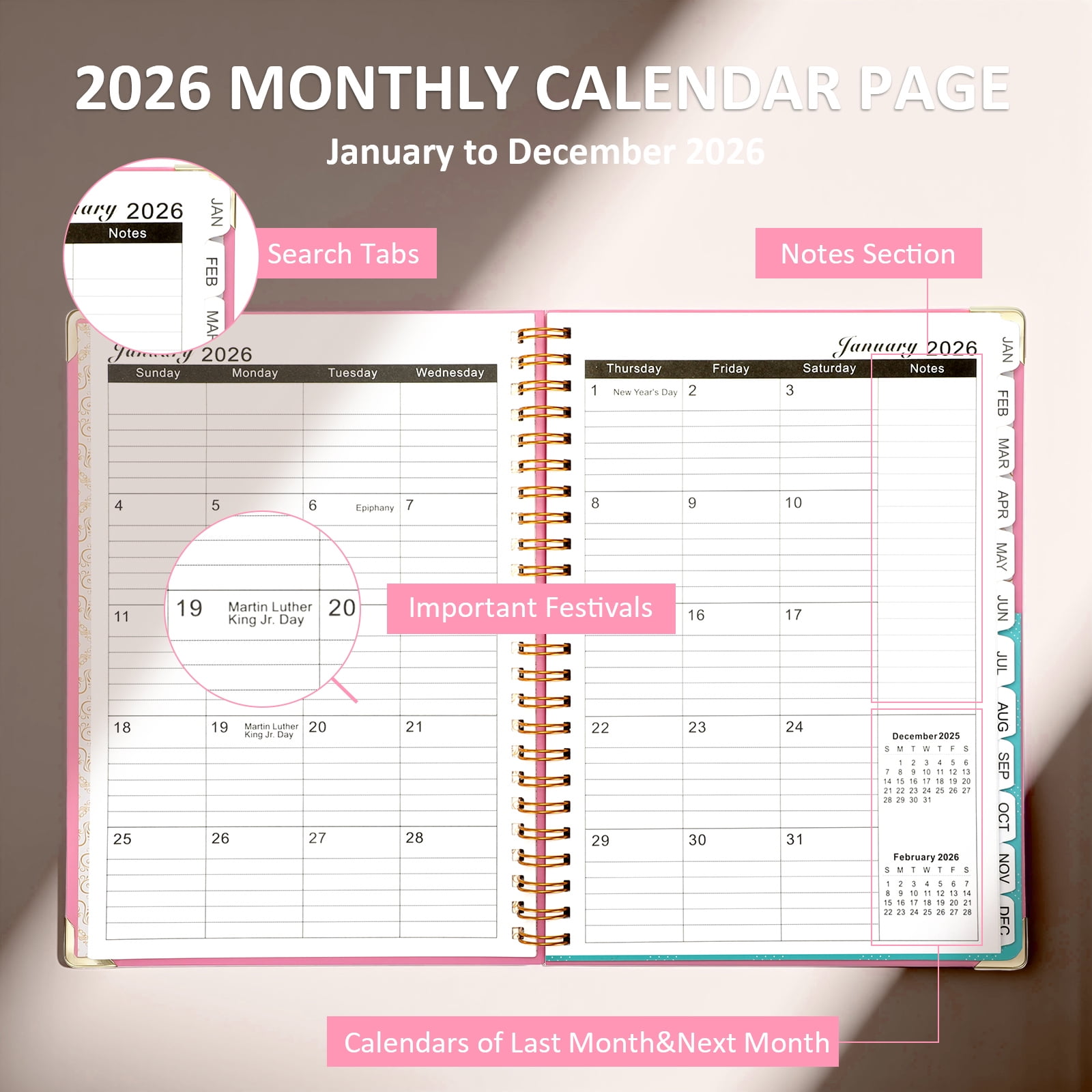 SUOSDEY 2026 Weekly and Monthly Planner, Academic Agenda Organizer with Calendar Tabs (Pink, 6.5 in x 8.5 in) iz5xe