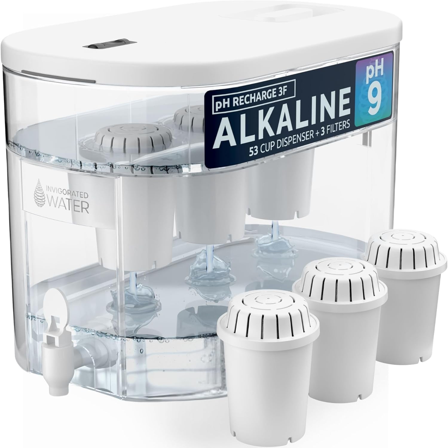 Invigorated Water Alkaline Countertop Water Filter Dispenser, High pH Filtration System (White, 53-Cup) 9h2bk