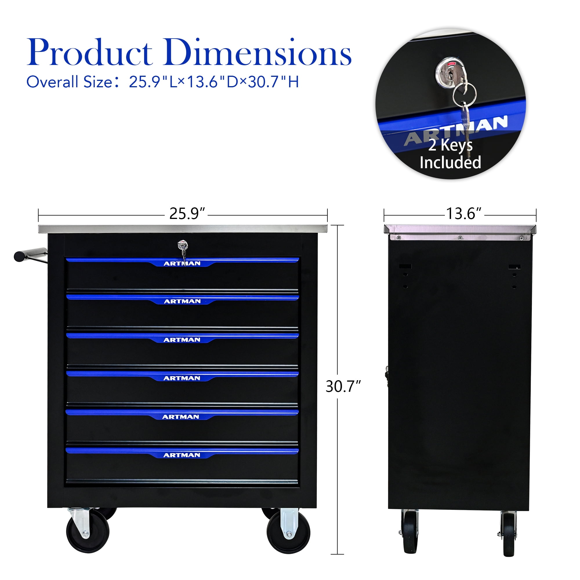 ARTMAN 6-Drawer Rolling Tool Storage Chest with Lockable Wheels (Blue, 1 Unit) rnldk