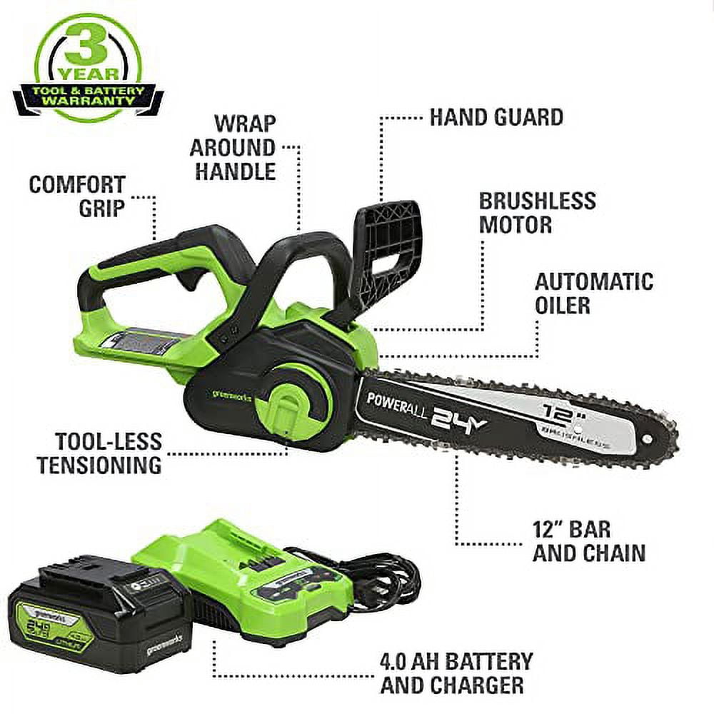 Greenworks 24V 12-inch Brushless Chainsaw Kit with 4.0 Ah Battery and Charger (Green, 12 in) zhkt3