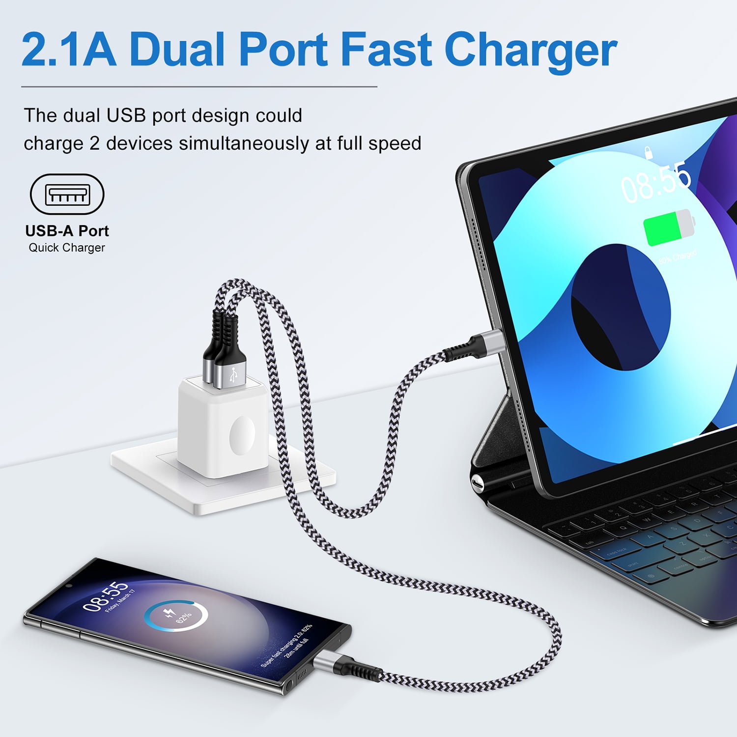 FiveBox Dual USB Wall Charger Block, Fast Charging Power Adapter Cube (4-Pack, Multicolor) 2mrhp