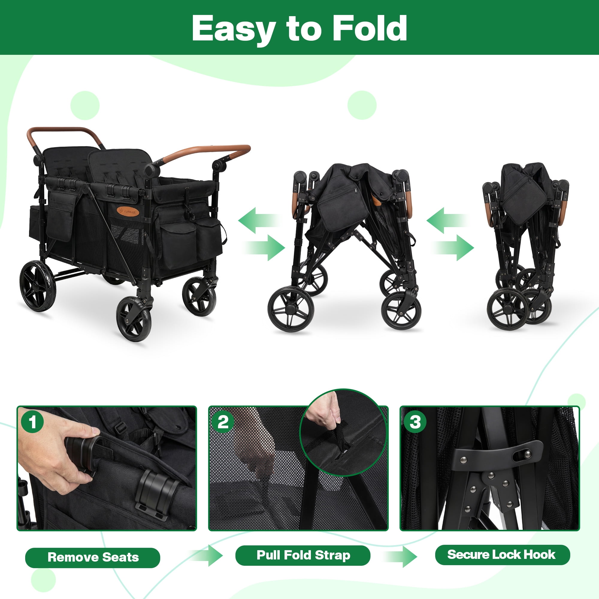 Vomeast 4-Seater Wagon Stroller for Kids, All-Terrain Outdoor Utility Stroller with Canopy and 5-Point Harness (Black, 41.34 x 28.35 x 53.94 in) 1xner