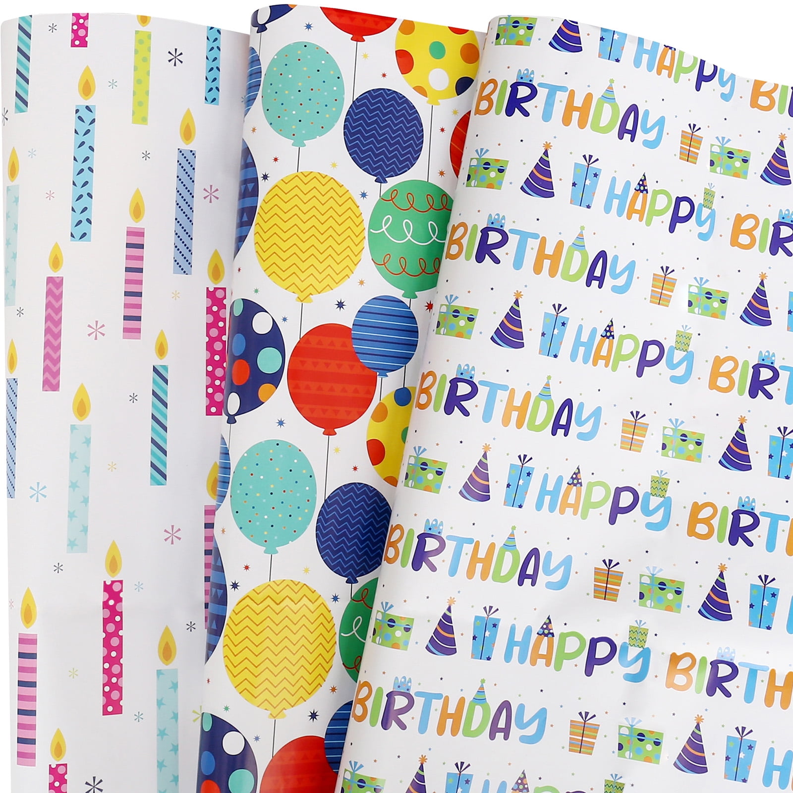 AUCLAY Birthday Gift Wrapping Paper, Festive Balloons and Candles Design (3-Sheet Pack, 27 in x 39.4 in) ofb7z