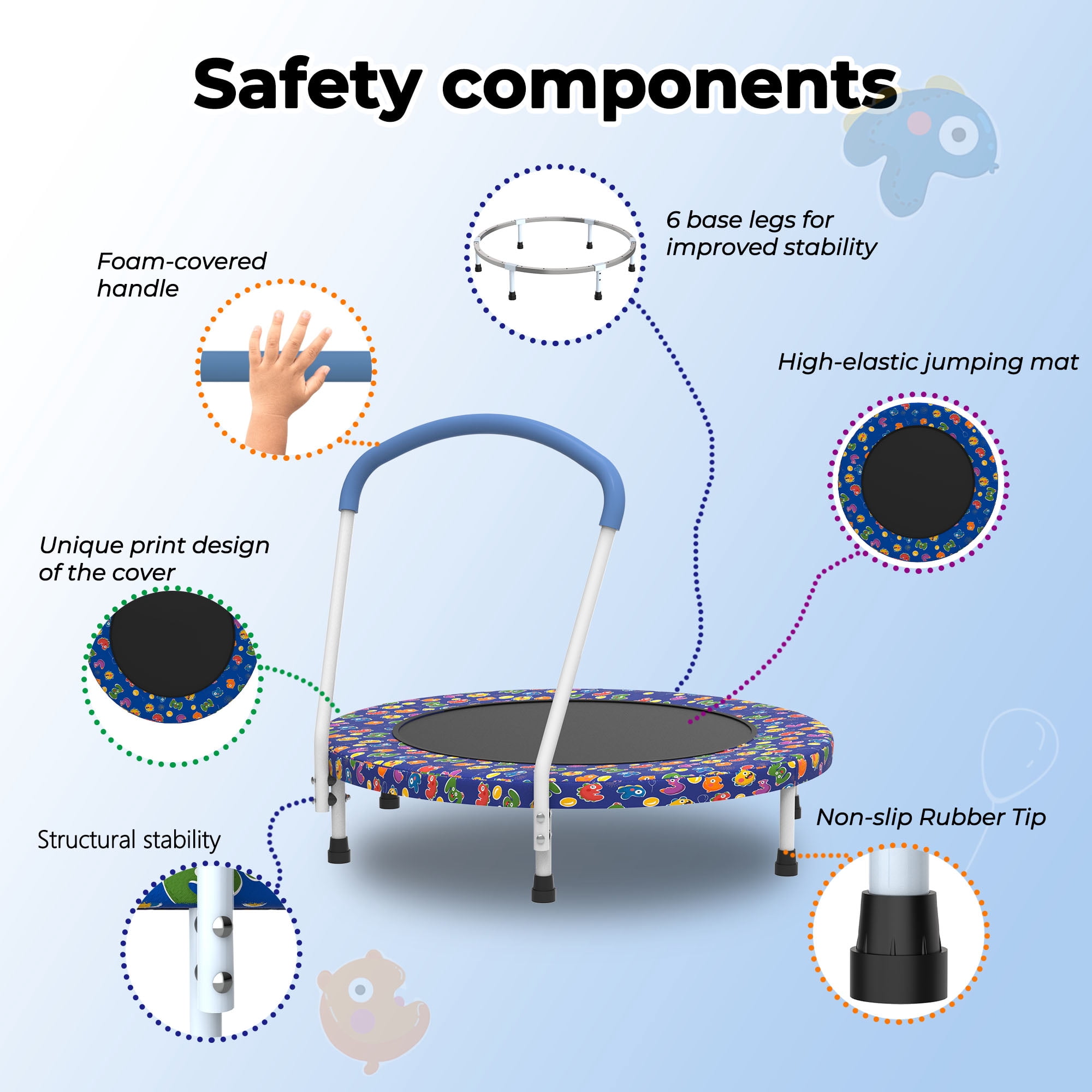 Mersco 36 in Kids Indoor Trampoline with Padded Handlebar (Blue, 36 in) 3teca